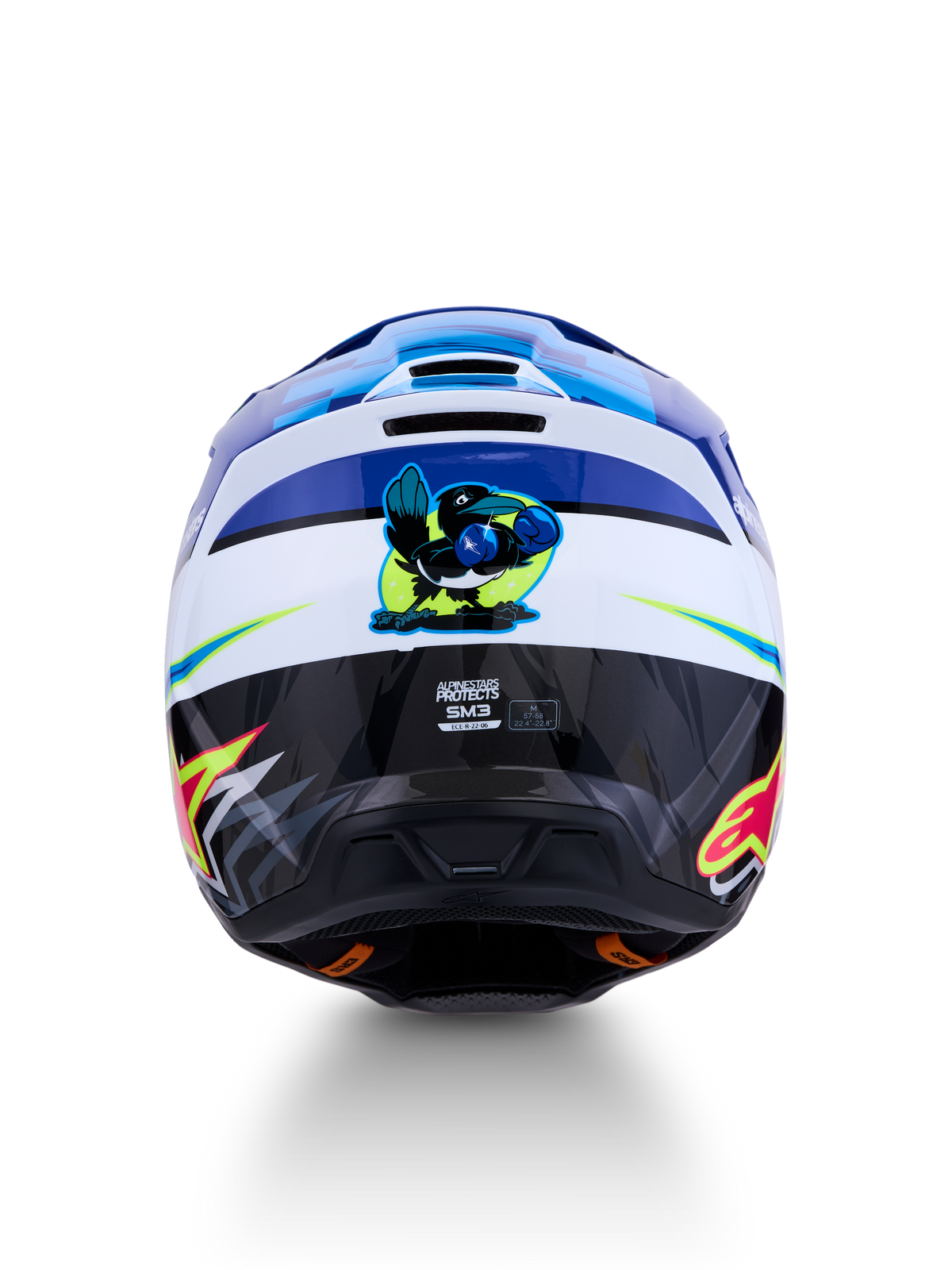 Alpinestars SM3 Falcon Helmet ECE06, Blue and White Motocross Helmet, rear view with boxing bird graphic and ECE certification.