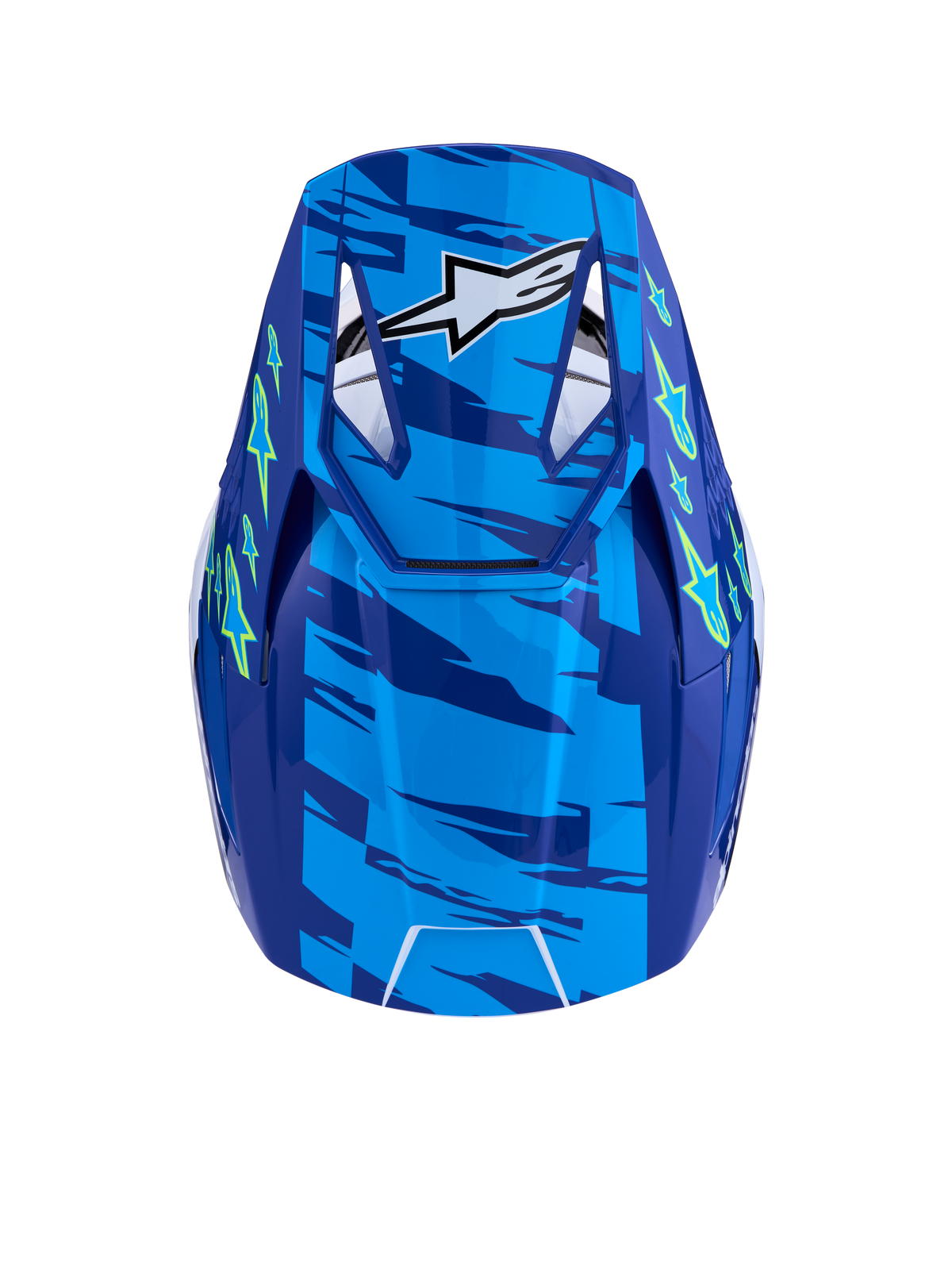 Alpinestars SM3 Falcon Helmet ECE06, Blue and Yellow Fluo Motocross Helmet, ECE 2206 certified top view with ventilated visor.