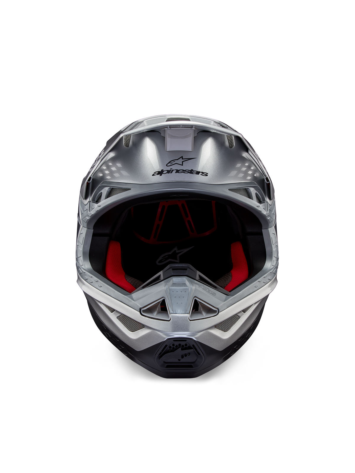 Alpinestars Supertech M10 Flood ECE 22.06 Helmet, Motocross Helmet, Silver Black and Orange Fluo, front view featuring an aerodynamic shell, wide eye port with red interior padding, black Alpinestars logo, and ventilated chin bar for off-road racing