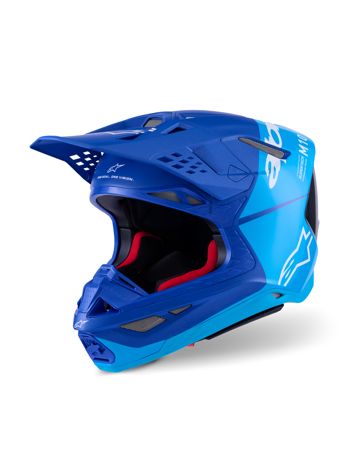 Alpinestars Supertech M10 Flood Helmet, Motocross Helmet, Metallic Blue and Medium Blue with Black Carbon Fiber accents, featuring white logos and M10 branding, multiple ventilation ports and red interior padding, designed for professional off-road performance.