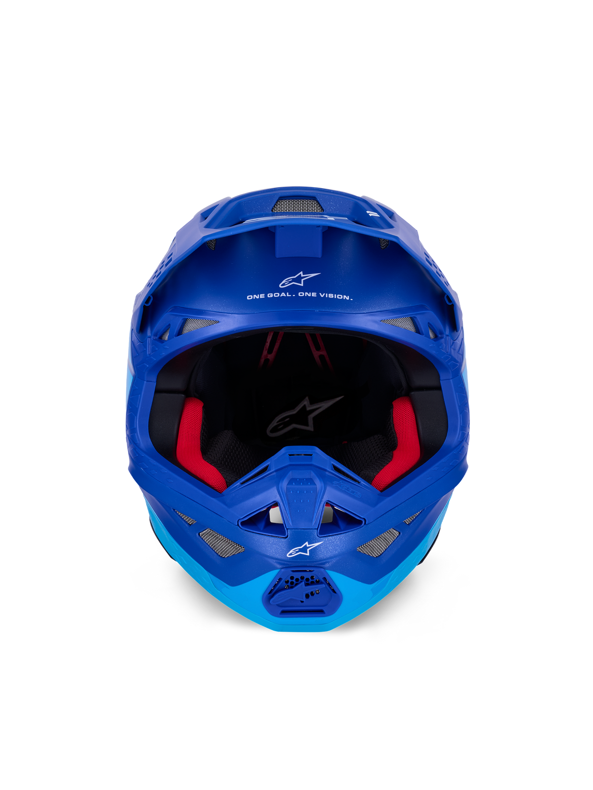 Alpinestars Supertech M10 Flood Helmet ECE, Motocross Helmet, Metallic and Medium Blue with black carbon accents, front-facing view showing chin bar and eye port, white Alpinestars logos and text, red interior padding, professional off-road protection