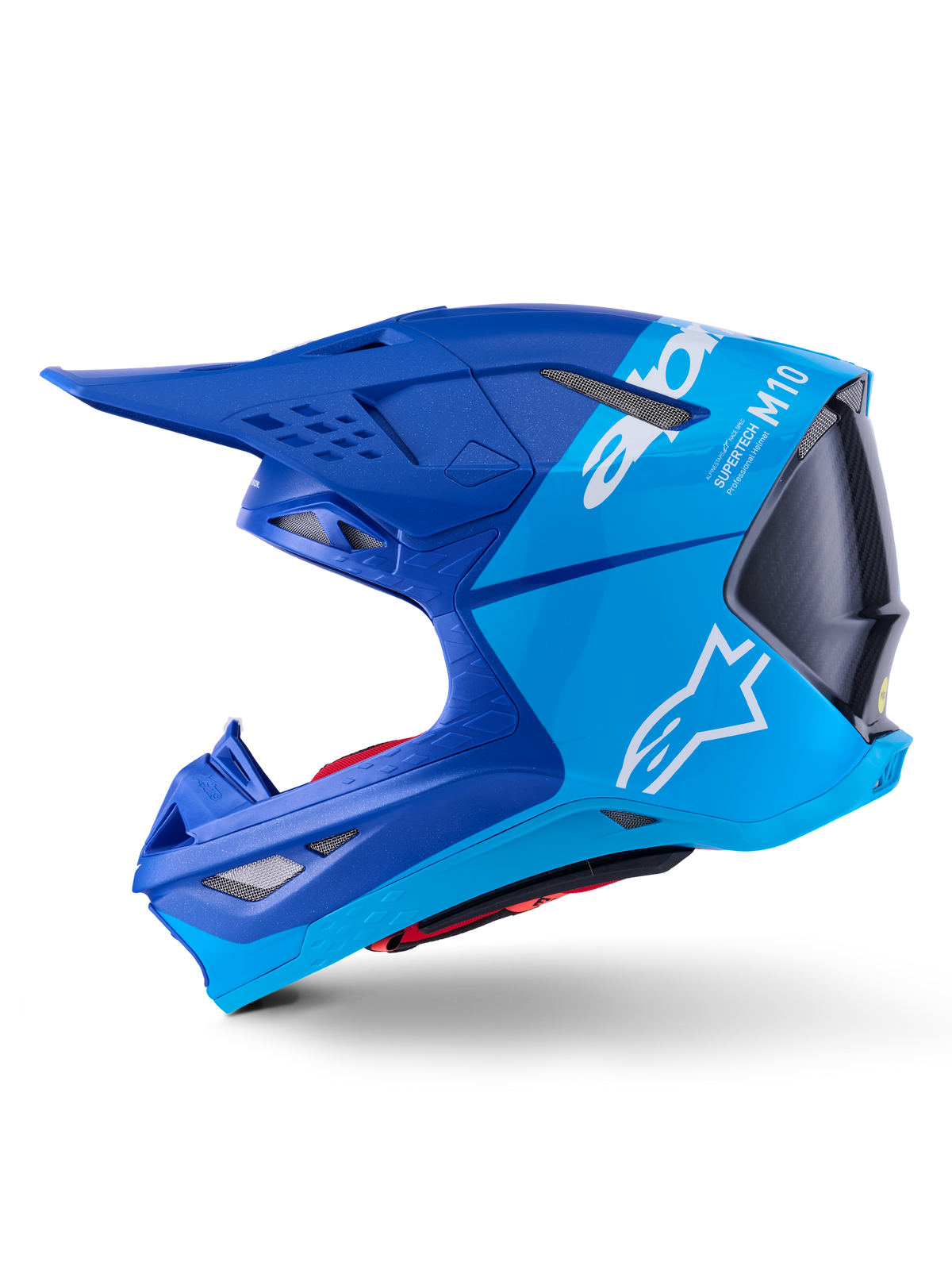 Alpinestars Supertech M10 Flood Helmet, Motocross Helmet, Metallic and Medium Blue with Black Carbon, side profile view showing matte and glossy finishes, white Alpinestars logo and Supertech M10 branding, advanced off-road racing head protection