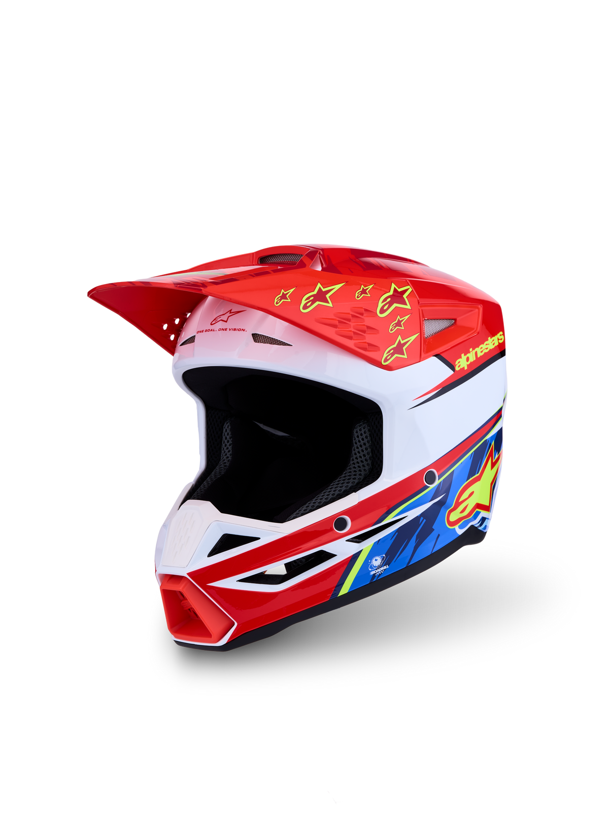 Alpinestars SM3 Falcon Youth Helmet ECE06, red and white motocross helmet for kids with yellow and blue graphics.