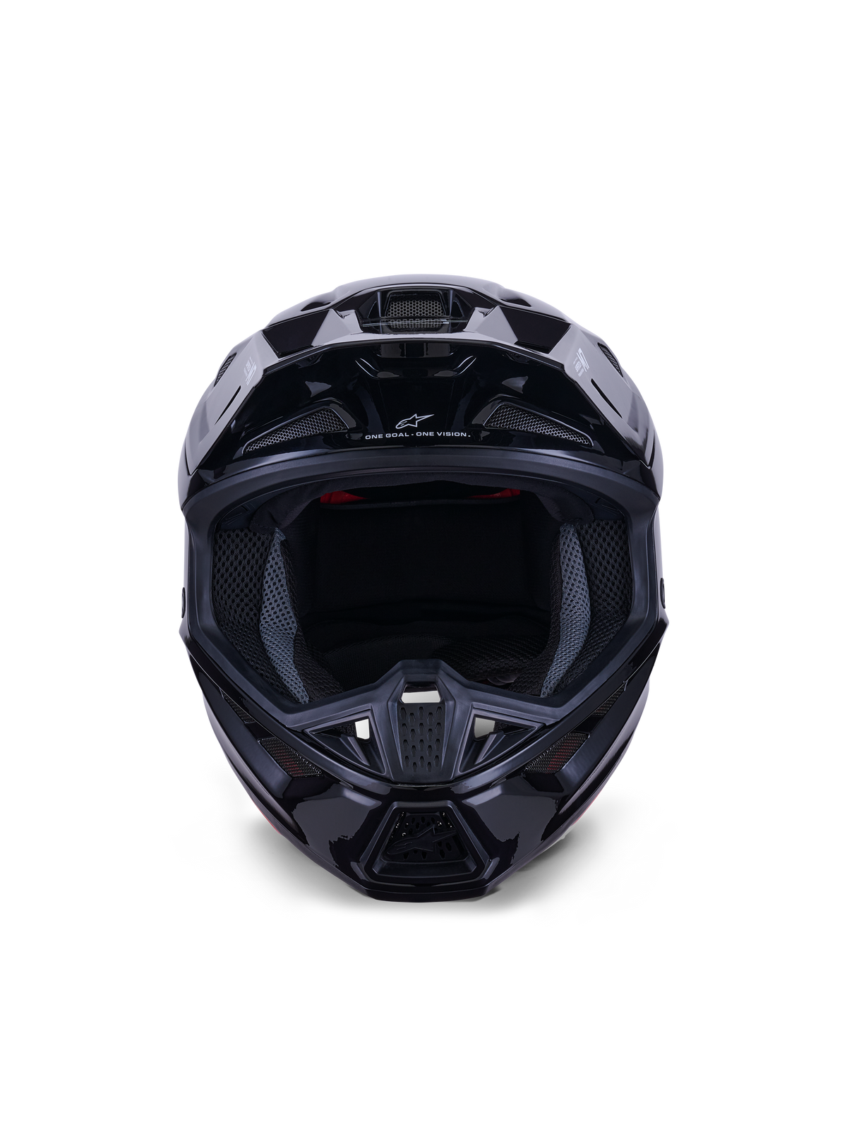 Alpinestars S-M7 Solid Helmet ECE 22.06, Motocross Helmet, Black Glossy, front view highlighting the aerodynamic composite shell, ventilation ports on the chin bar, and internal mesh padding, sleek finish for off-road racing
