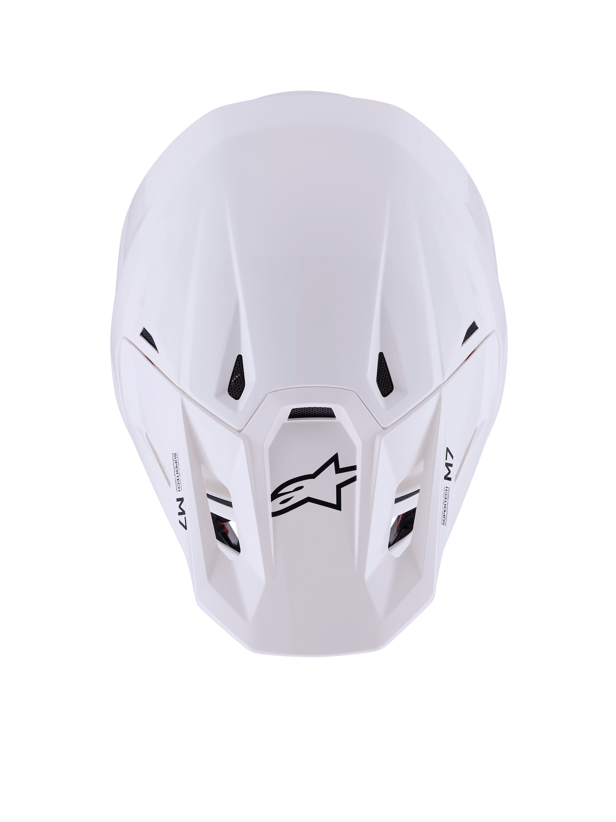 Alpinestars S-M7 Solid Helmet, Motocross Helmet, White Glossy, top-down view showing sleek aerodynamic shell, black intake vents, black Astar logo and M7 branding on the peak, high-performance off-road racing gear