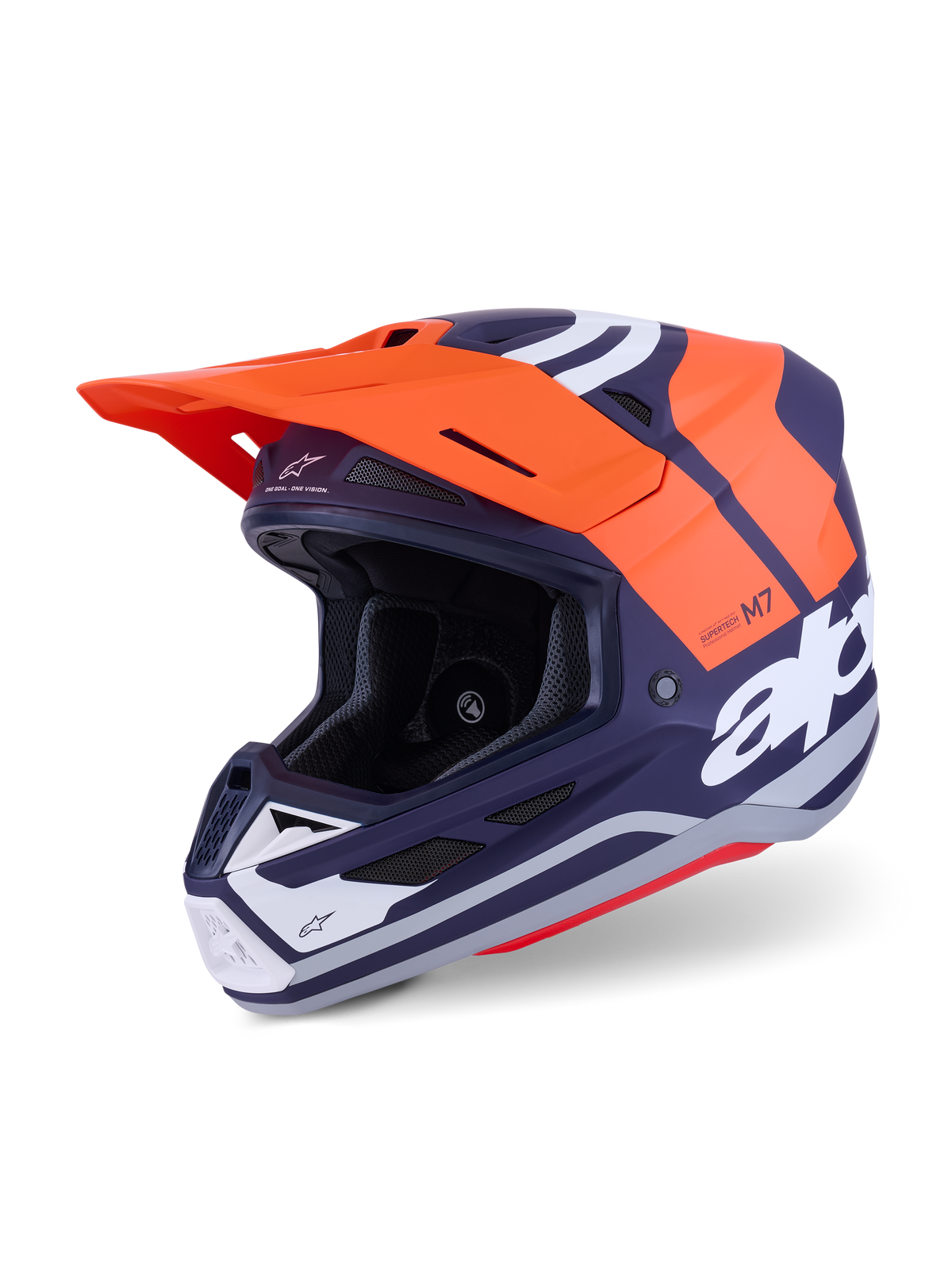 Alpinestars S-M7 Core Helmet ECE 22.06, Motocross Helmet, Orange and Navy Blue Matt, featuring bold white branding, aerodynamic shell with integrated ventilation, orange visor, and professional-grade construction for off-road racing.