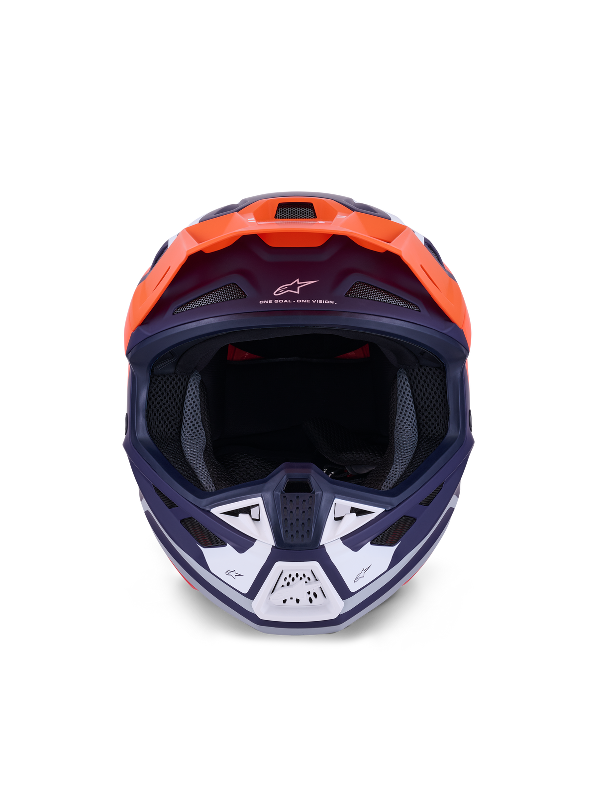 Alpinestars S-M7 Core Helmet, Motocross Helmet, Orange and Blue Matt, frontal view with white accents on the chin guard, featuring "One Goal - One Vision" branding, aerodynamic shell for off-road racing