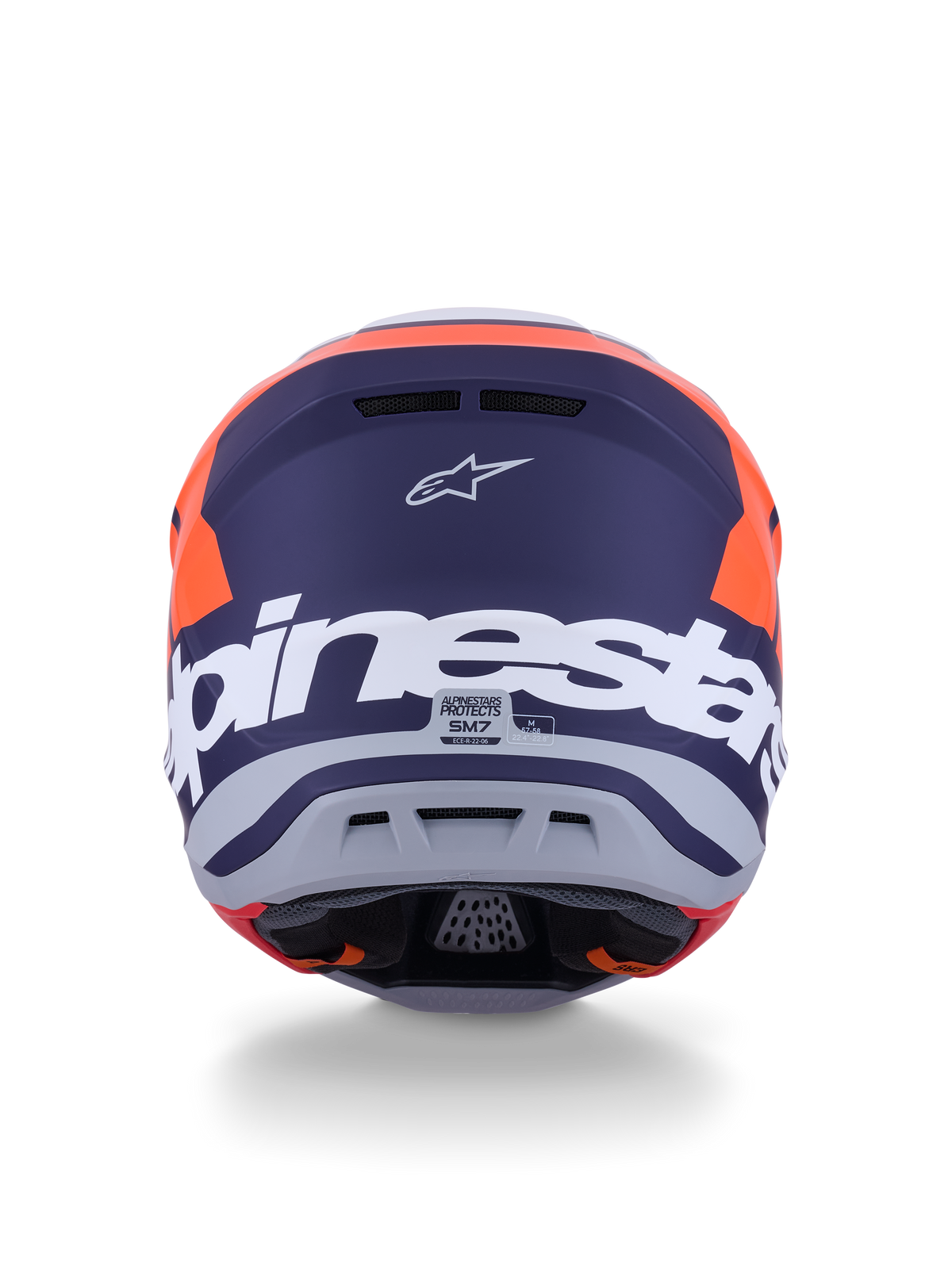 Alpinestars S-M7 Core Helmet ECE 22.06, Motocross Helmet, Orange and Blue Matt, rear view featuring large white Alpinestars branding and Astars logo, sleek aerodynamic design with integrated exhaust ports, professional-grade off-road protection