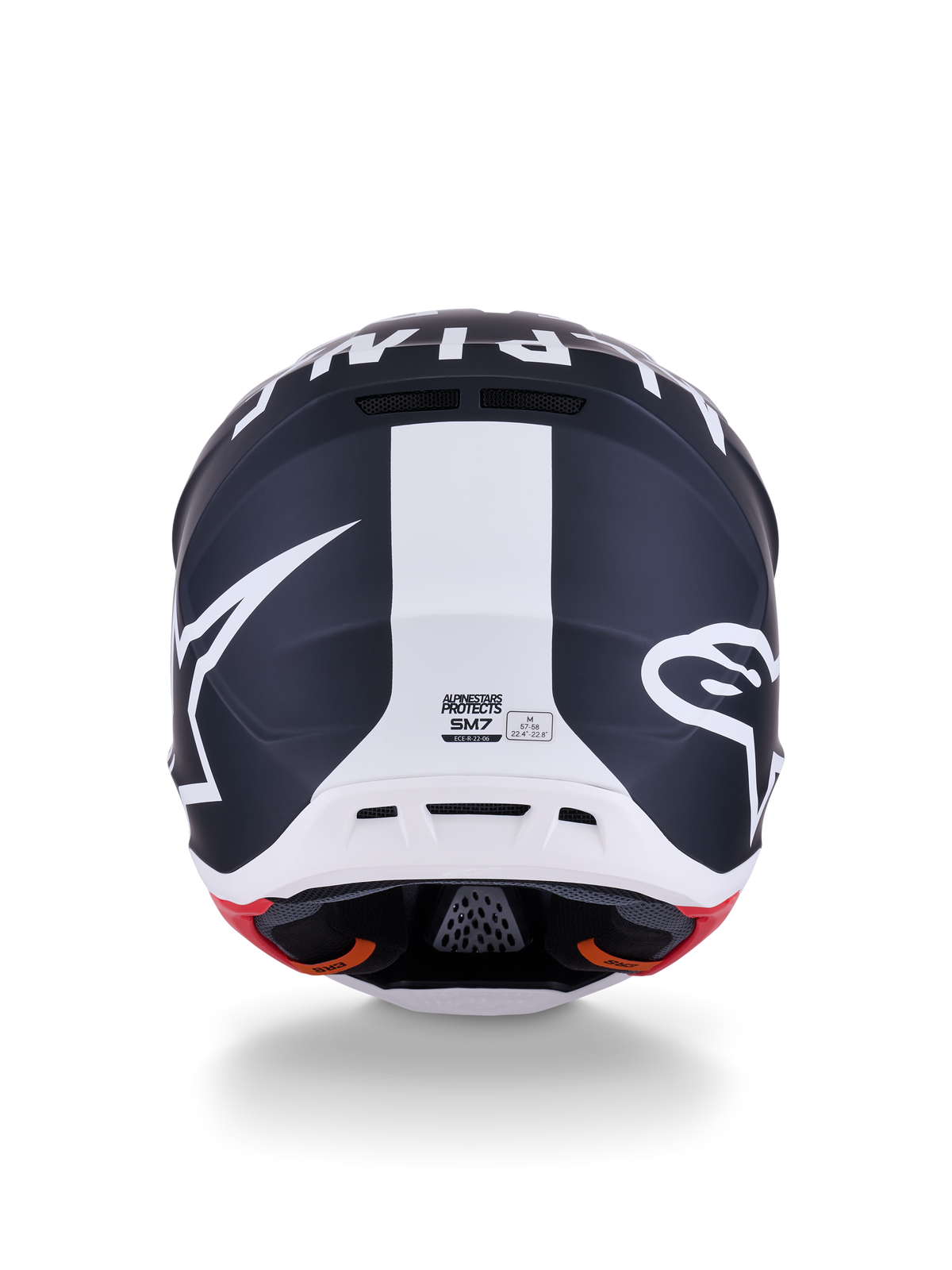 Alpinestars S-M7 Dasher Helmet, Motocross Helmet, Matte Black and White with Red accents, rear view featuring bold star logo and central white stripe, aerodynamic design for off-road racing