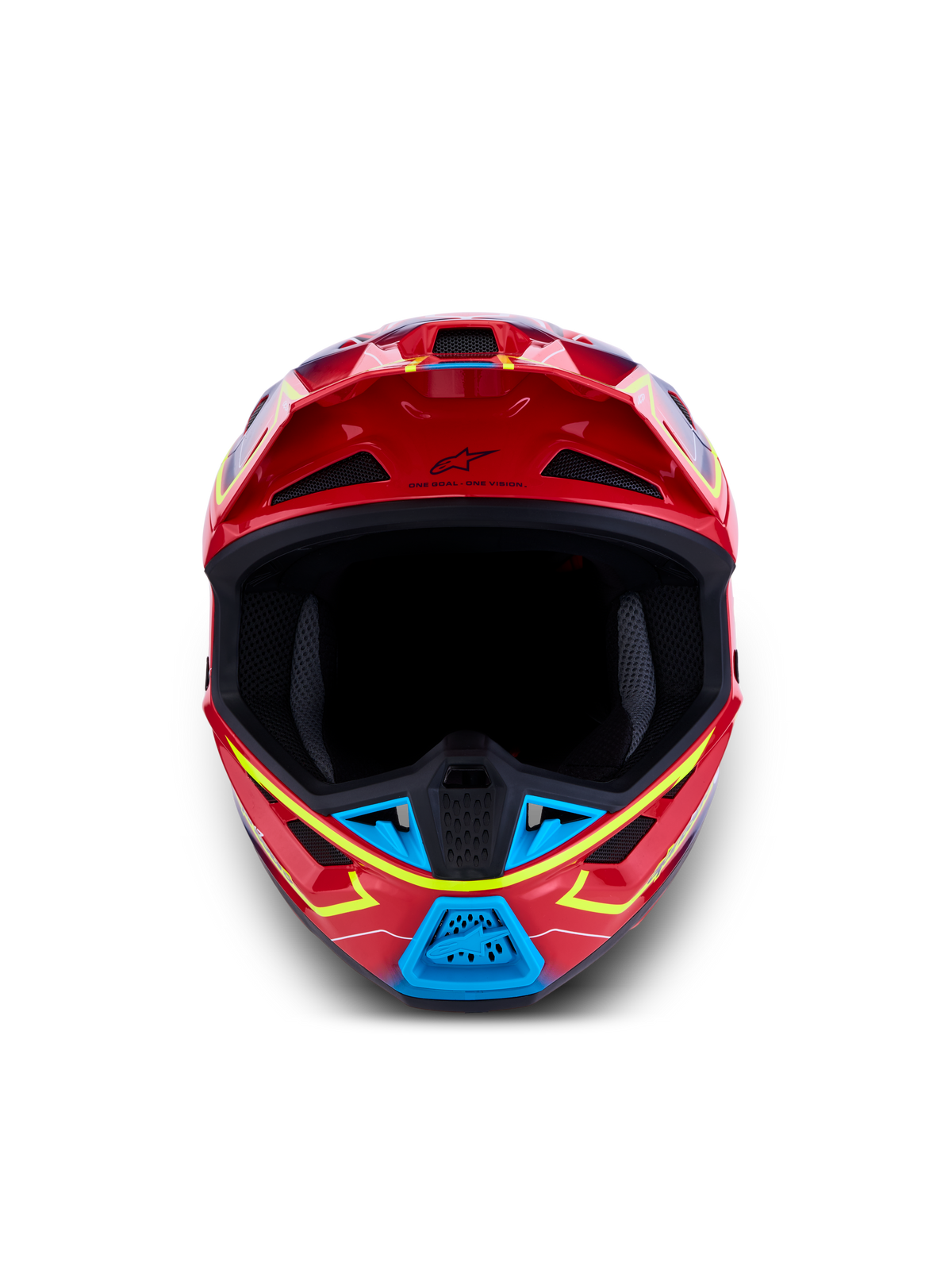 Alpinestars S-M7 Cast Helmet ECE 22.06, Motocross Racing Helmet, Red and Blue with Yellow Fluo, front view.