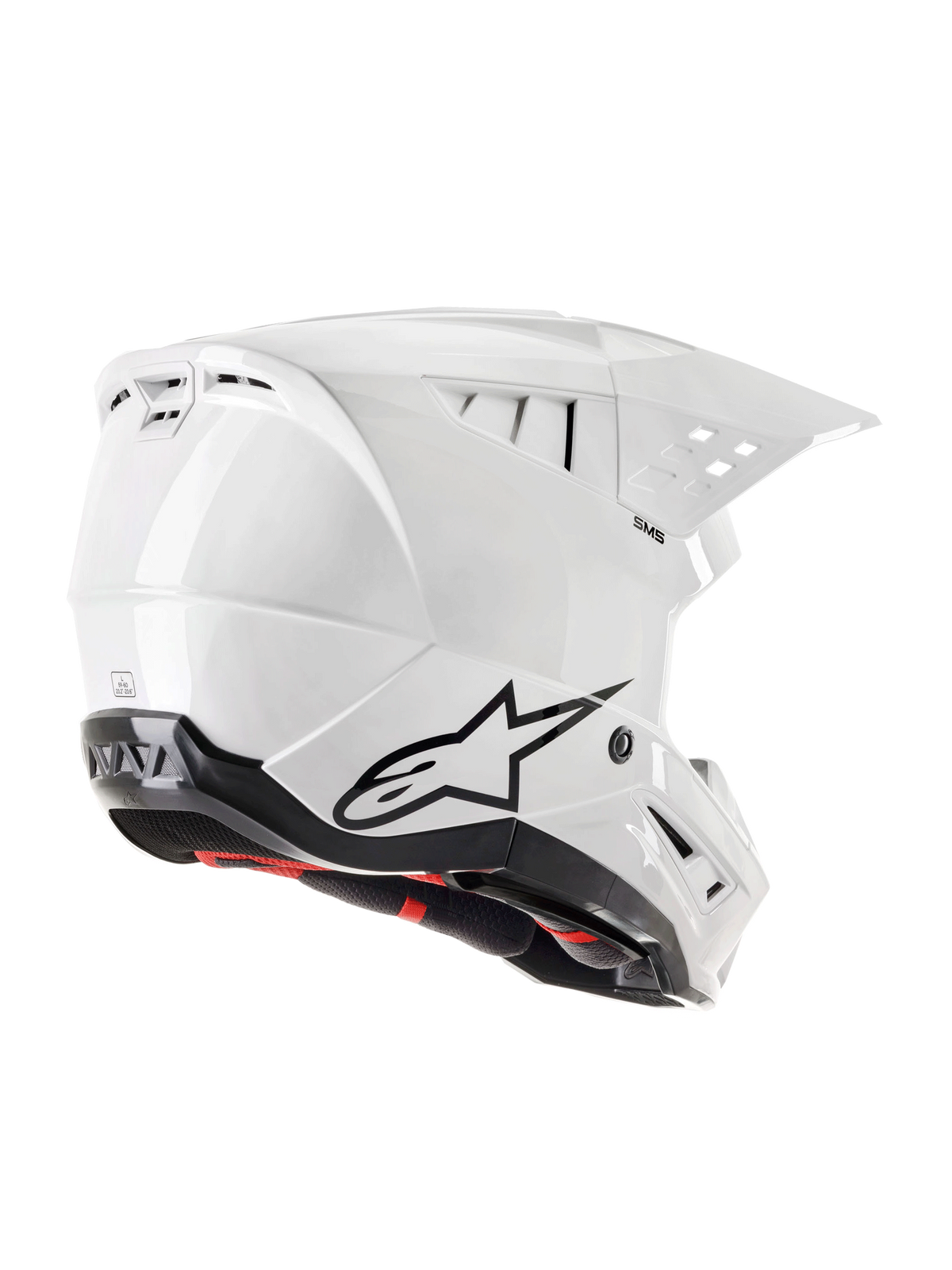 Alpinestars S-M5 Solid Helmet ECE 22.06, Motocross Helmet, White Glossy, rear three-quarter view featuring black Astars logo, integrated exhaust vents, and sleek aerodynamic shell design
