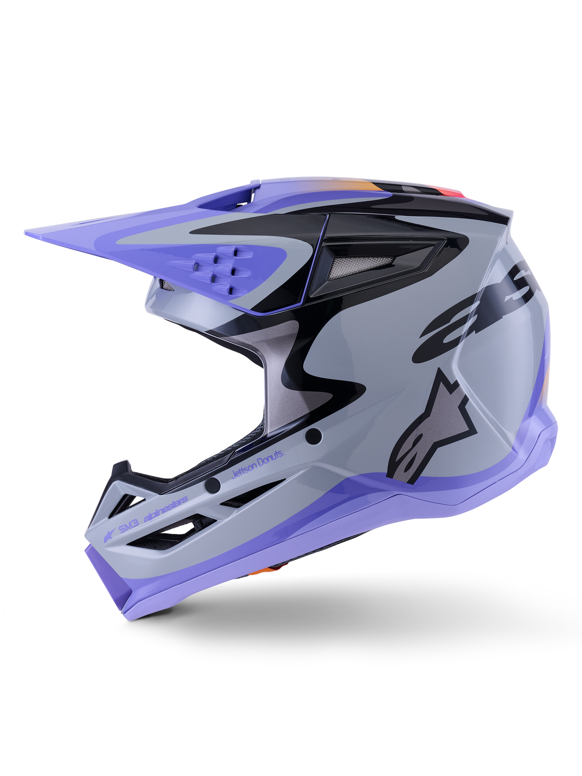 Alpinestars S-M3 Jettson Helmet, Motocross Helmet, Gray Purple and Black Glossy, side profile view with sleek graphics and adjustable visor, featuring multiple ventilation ports and Alpinestars branding, high-performance off-road protection