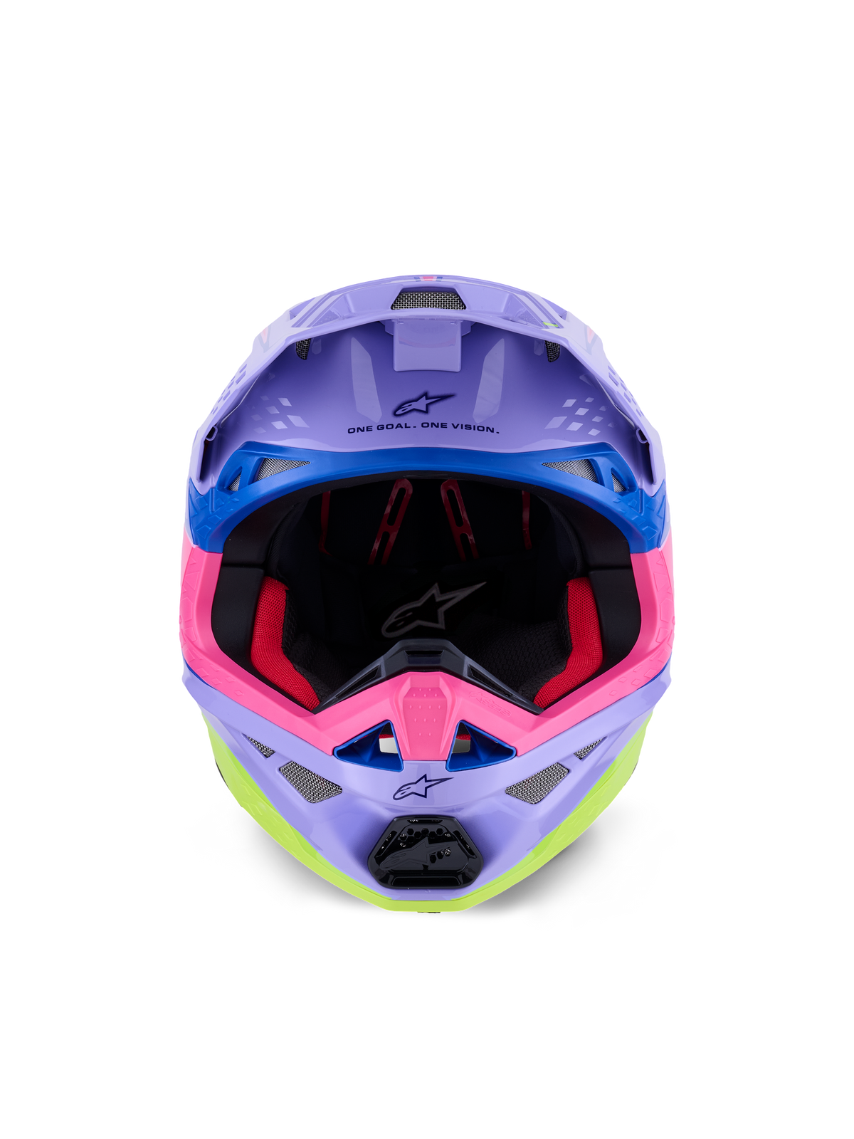 Alpinestars Supertech M10 Jett Lawrence R01 Helmet, Motocross Helmet, Purple Pink and Fluo Yellow Gloss, front-facing view showing interior padding and chin bar, 'ONE GOAL. ONE VISION.' printed under the visor, colorful racing graphics with blue accents