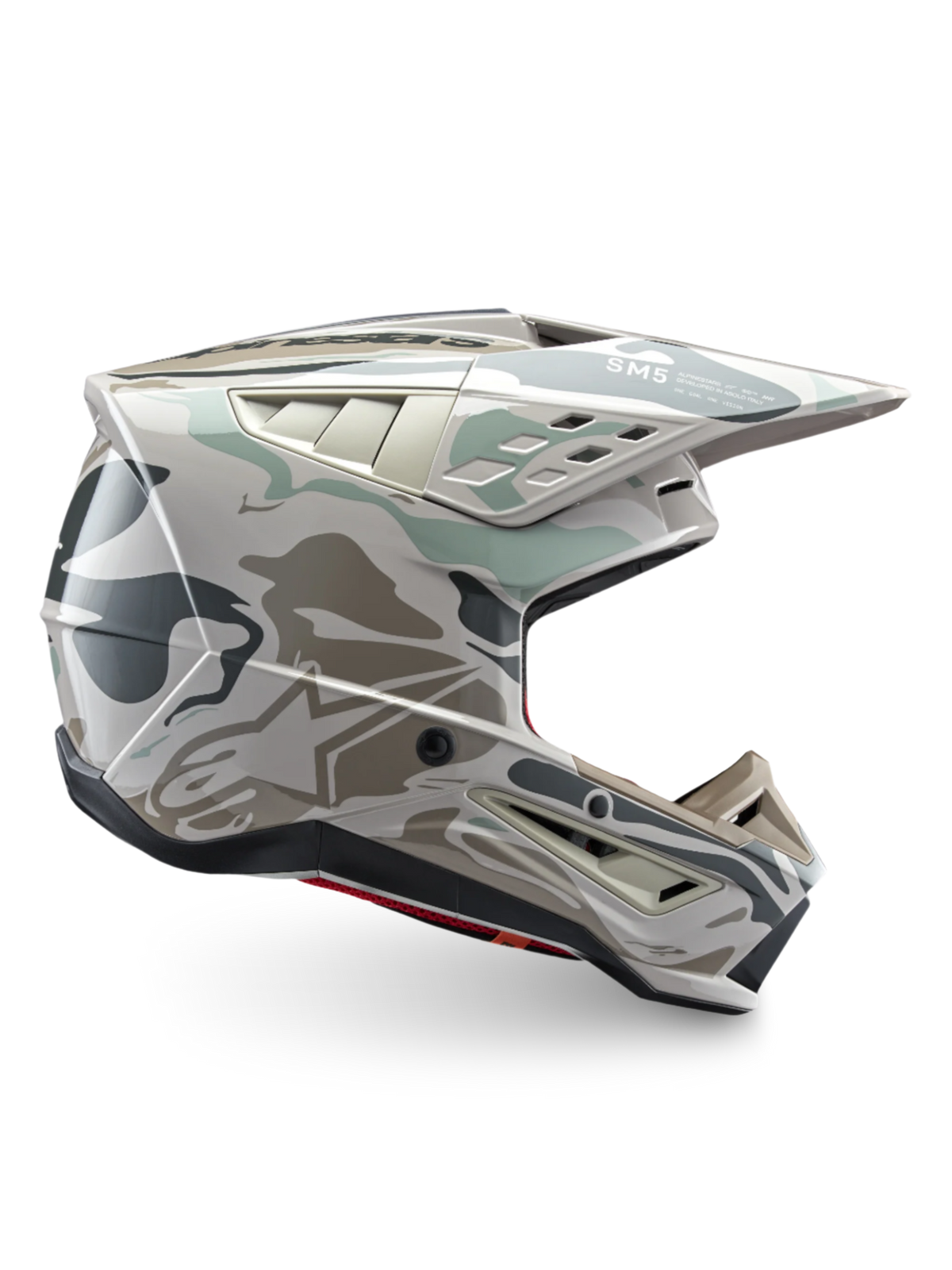 Alpinestars S-M5 Mineral Motocross Helmet in Warm Gray and Celadon Green, ECE 22.06 certified off-road protection.