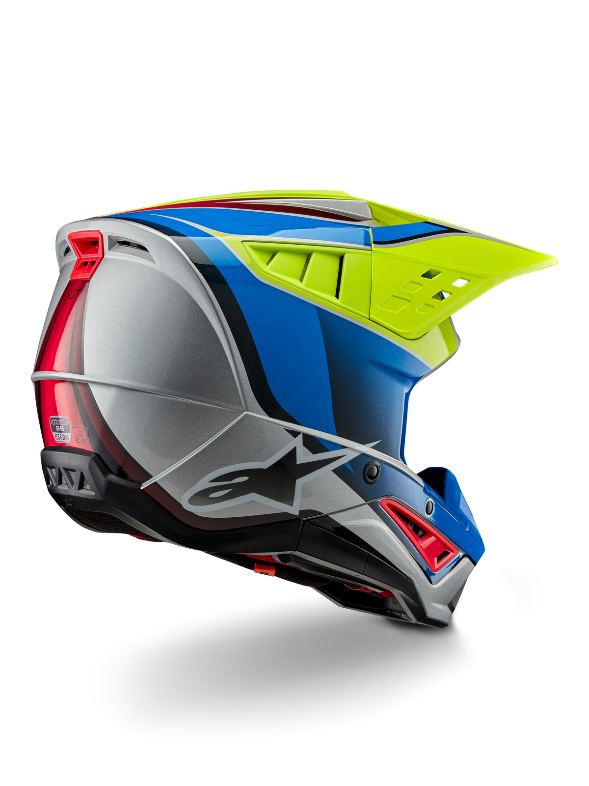 Alpinestars S-M5 Sail Helmet ECE, Motocross Helmet, Yellow Fluo Enamel Blue and Silver Glossy, rear three-quarter view showing aerodynamic thermoplastic shell, large ventilated visor, and integrated cooling vents for off-road racing protection.