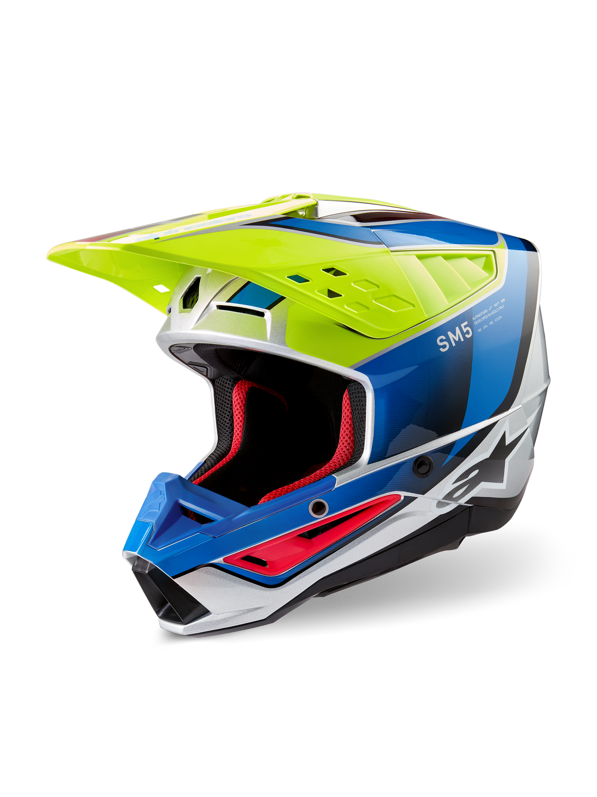 Alpinestars S-M5 Sail Helmet ECE, Motocross Helmet, Yellow Fluo, Enamel Blue and Silver Glossy, featuring an aerodynamic thermoplastic shell, red internal padding, and a high-flow ventilation visor for off-road performance