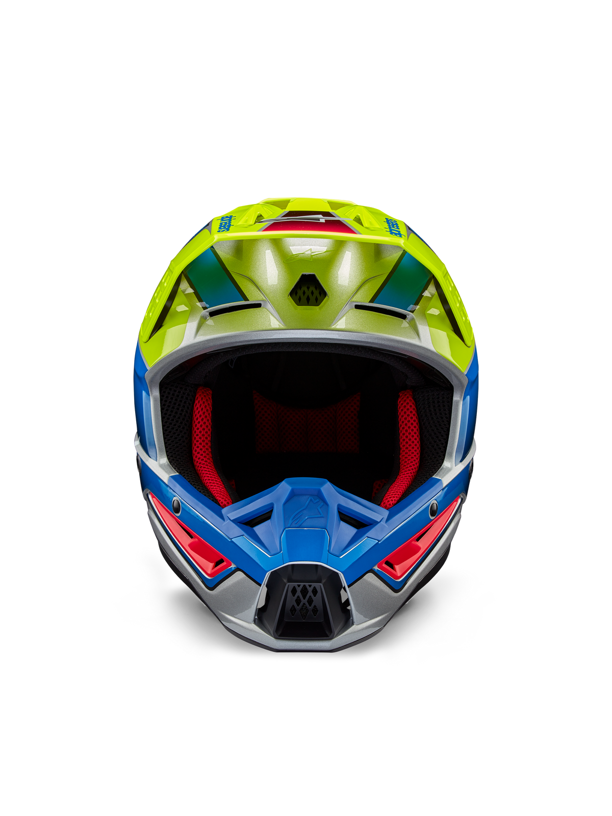 Alpinestars S-M5 Sail Helmet ECE, Motocross Helmet, Yellow Fluo and Enamel Blue with Silver Glossy finish, front-facing view showing red interior padding and aerodynamic visor, high-performance head protection for off-road racing