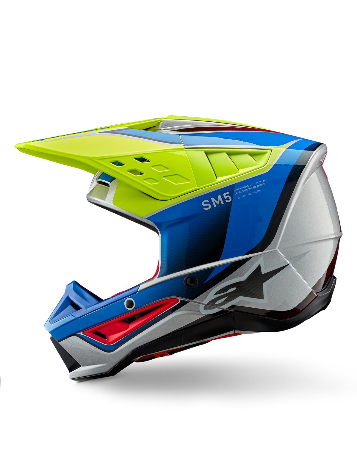 Alpinestars S-M5 Sail Helmet ECE, Motocross Helmet, Yellow Fluo Enamel Blue and Silver Glossy, side profile view, featuring a sleek aerodynamic design, vented visor, and prominent Alpinestars logo, high-performance head protection for off-road racing