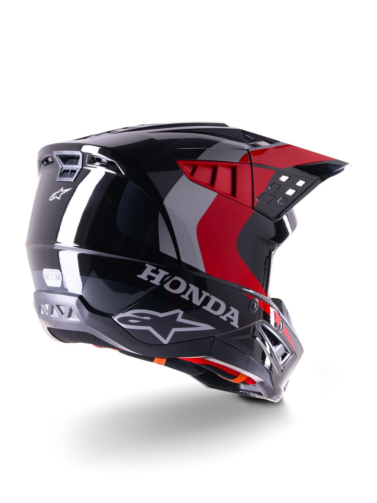 Alpinestars Honda S-M5 Helmet ECE, Motocross Helmet, Black Red Glossy, rear three-quarter view featuring Honda branding and Alpinestars logos, glossy finish with red and grey graphic accents, designed for off-road protection