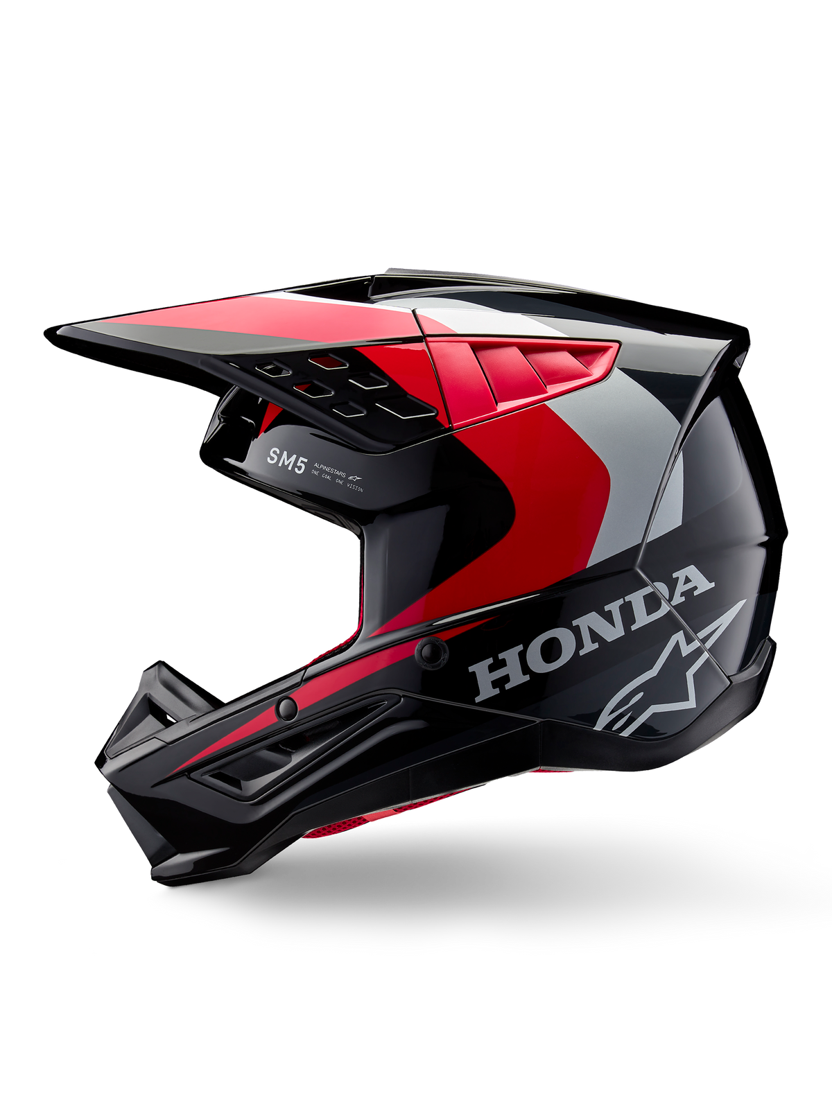 Alpinestars Honda S-M5 Helmet, Motocross Helmet, Black Red and Silver Glossy, side profile view with Honda branding and Alpinestars star logo, sleek design with integrated peak and ventilation ports for off-road performance