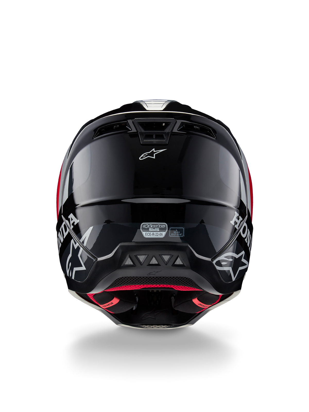 Alpinestars Honda S-M5 Helmet ECE, Motocross Helmet, Black Red Glossy, rear view showing glossy black shell with white Honda and Alpinestars logos, red inner lining, and ECE safety certification label