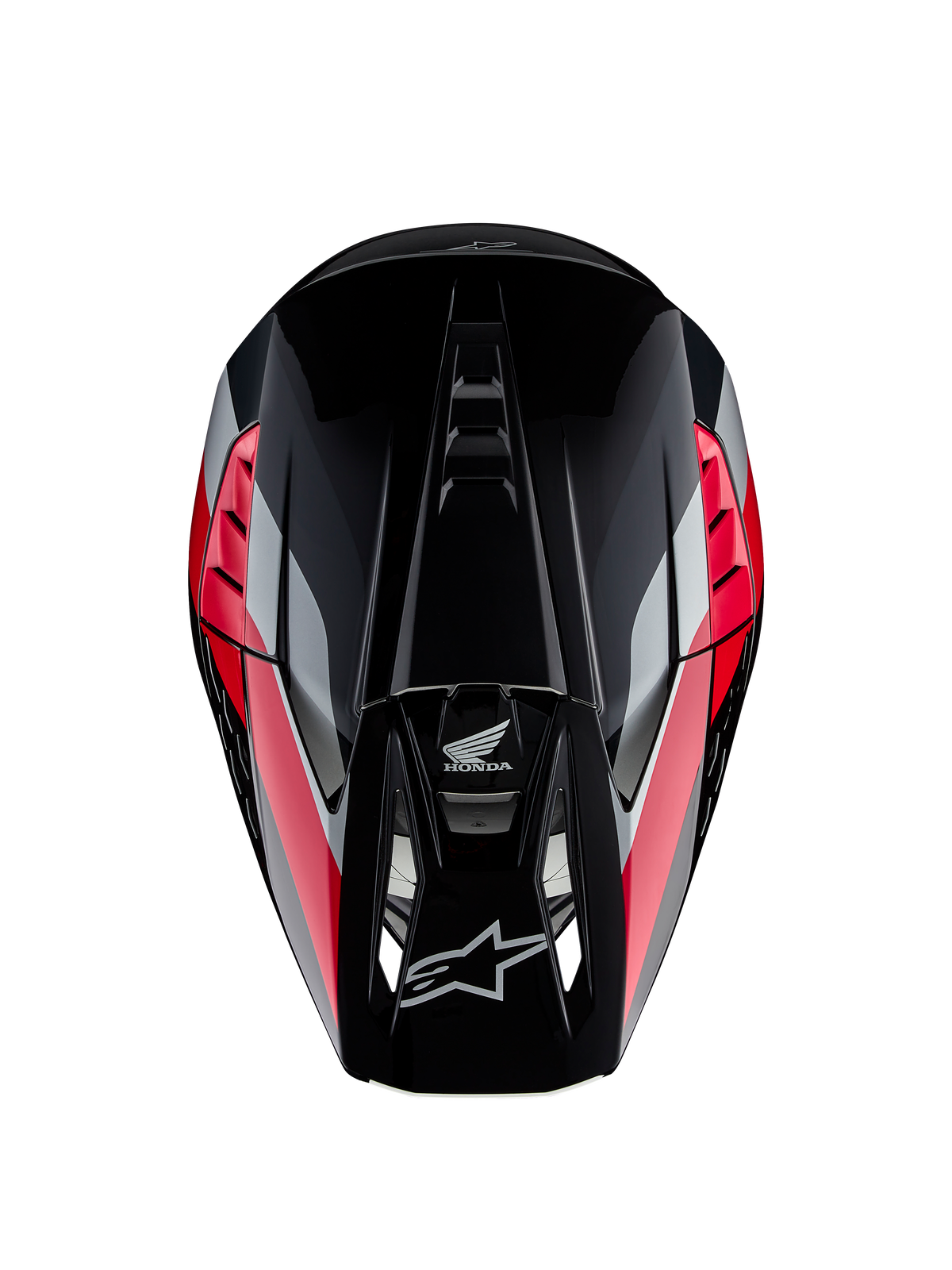 Honda S-M5 Helmet ECE, Motocross Helmet, Black Red Glossy with red and silver graphic stripes, top-down view showing aerodynamic shell and ventilated peak, Alpinestars and Honda logos, high-performance off-road gear