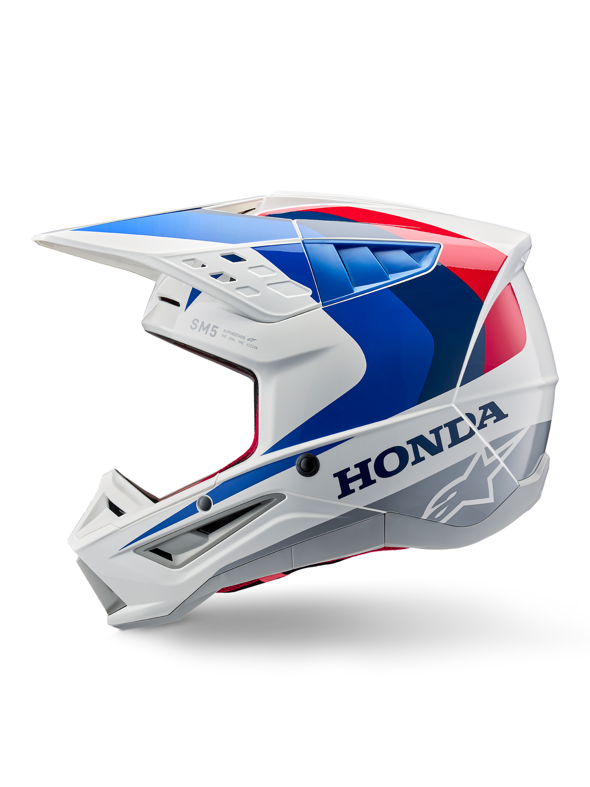 Alpinestars Honda S-M5 Helmet ECE, White Blue Red Glossy, side profile view, featuring bold Honda branding and Alpinestars star logo, aerodynamic motocross design with multiple air vents and a prominent peak visor, glossy finish