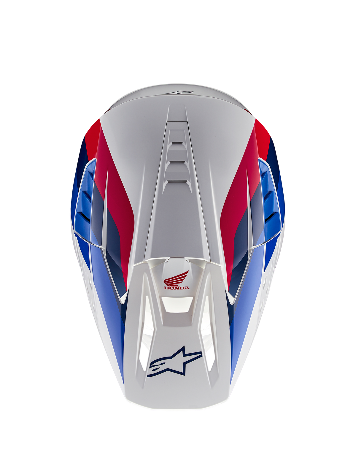 Alpinestars Honda S-M5 Helmet ECE, Motocross Helmet, White Blue and Red Glossy, top-down view highlighting ventilation channels, featuring red and blue graphics with Honda and Alpinestars logos