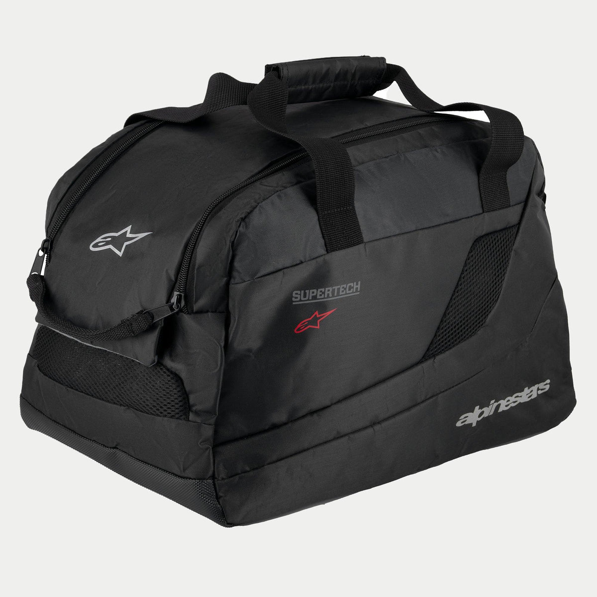 Alpinestars Supertech R10 Helmet Bag, Black, padded semi-rigid construction for motorcycle helmets, featuring carry handles with hook and loop closure, zippered opening, mesh ventilation panels, and reflective Alpinestars and Supertech logos