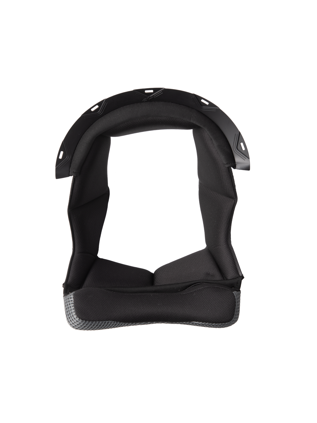 Alpinestars S-M7 Crown Pad, Black helmet liner with U-shaped design, cushioned interior with textured fabric, grey mesh material border, plastic snap-connection points, motorcycle helmet comfort and protection padding