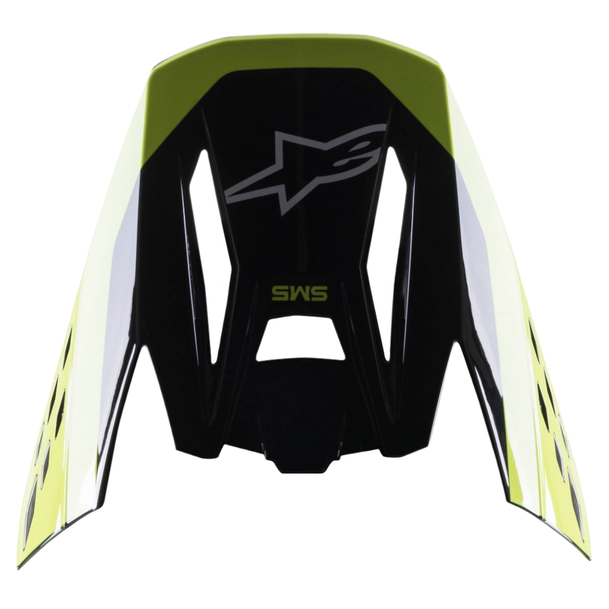 Alpinestars S-M5 Beam Visor, Helmet Accessory, Black and Yellow Fluo Glossy, featuring Alpinestars star logo and SM5 branding, replacement peak for motocross helmets