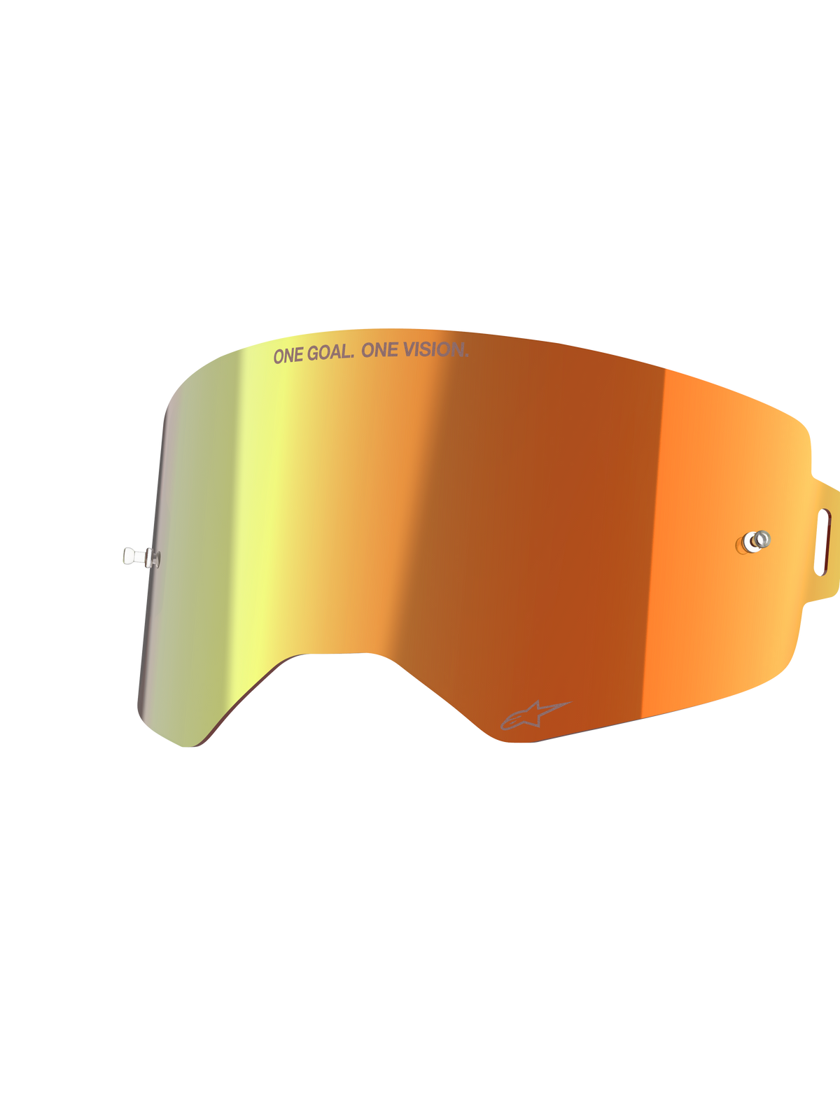 Alpinestars Supertech Mirror Lens, Goggles Replacement Accessory, Mirror Red with orange and yellow gradient, featuring 'ONE GOAL. ONE VISION.' text and Alpinestars logo, reflective finish with tear-off posts for motocross racing