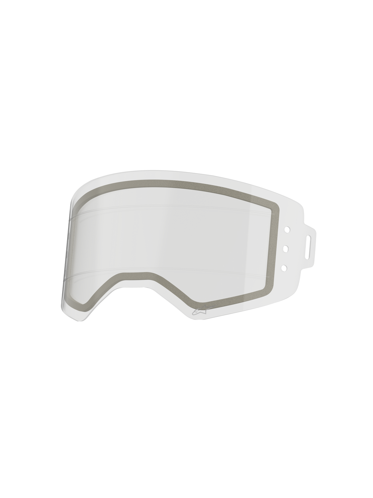 Alpinestars Supertech Dual Pane Roll Off Lens, Clear Replacement Goggle Lens, featuring a dual-pane anti-fog construction with a grey neoprene seal and integrated silicone glide lines for smooth roll-off film performance, made from impact-resistant polycarbonate.
