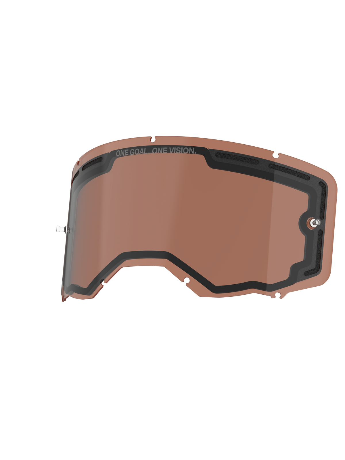 Alpinestars Vision 8-5-3 Dual Pane Lens, Replacement Goggle Lens, Copper Rose, vented dual-pane design with black seal, features 'ONE GOAL. ONE VISION.' branding and integrated tear-off posts, durable polycarbonate for off-road performance.