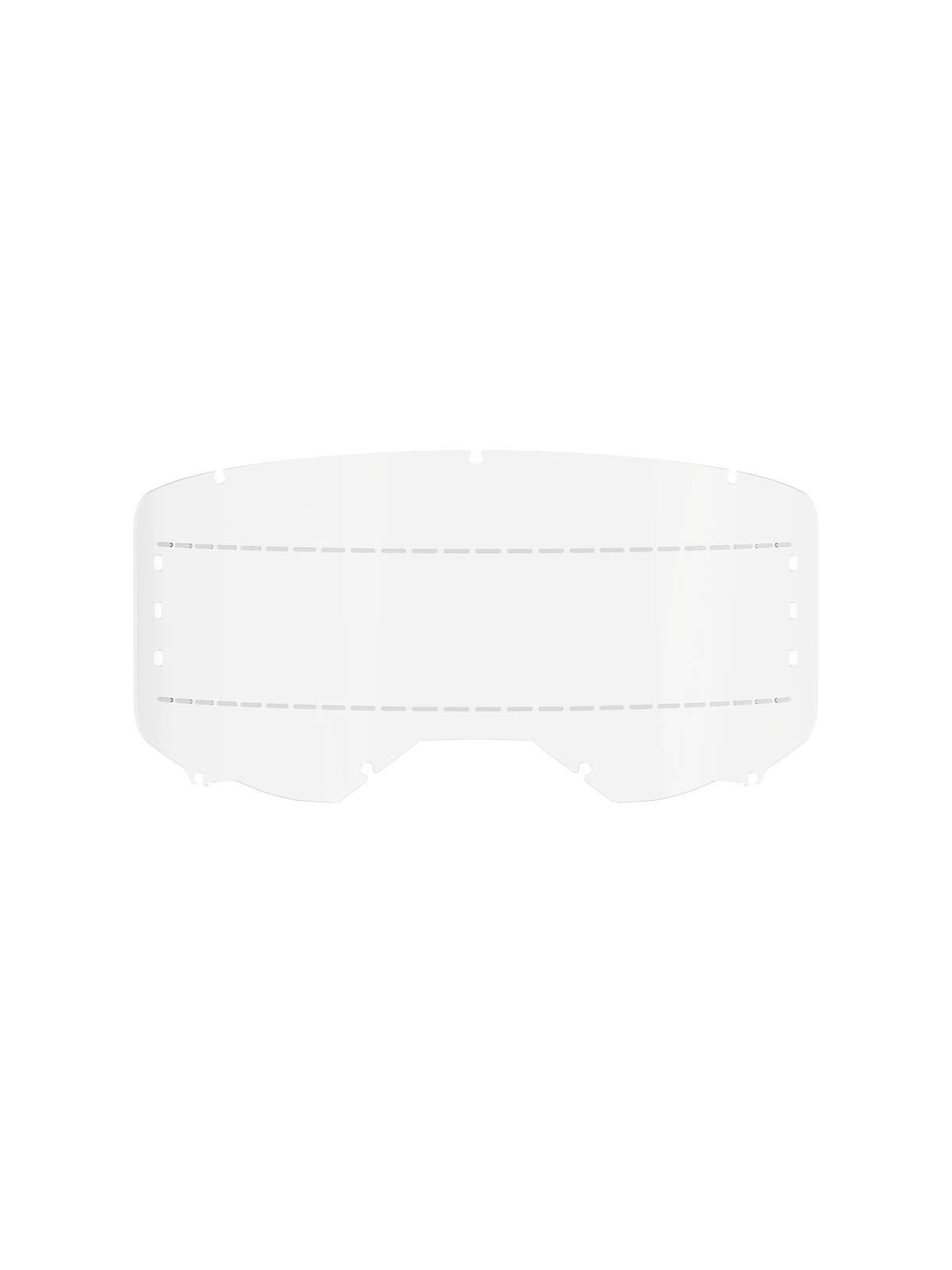 Alpinestars Vision 8-5-3 Roll Off Film, Clear, transparent polycarbonate replacement lens for motocross goggles, featuring dashed silicone glide lines and seven key-hole locking system, durable off-road racing accessory