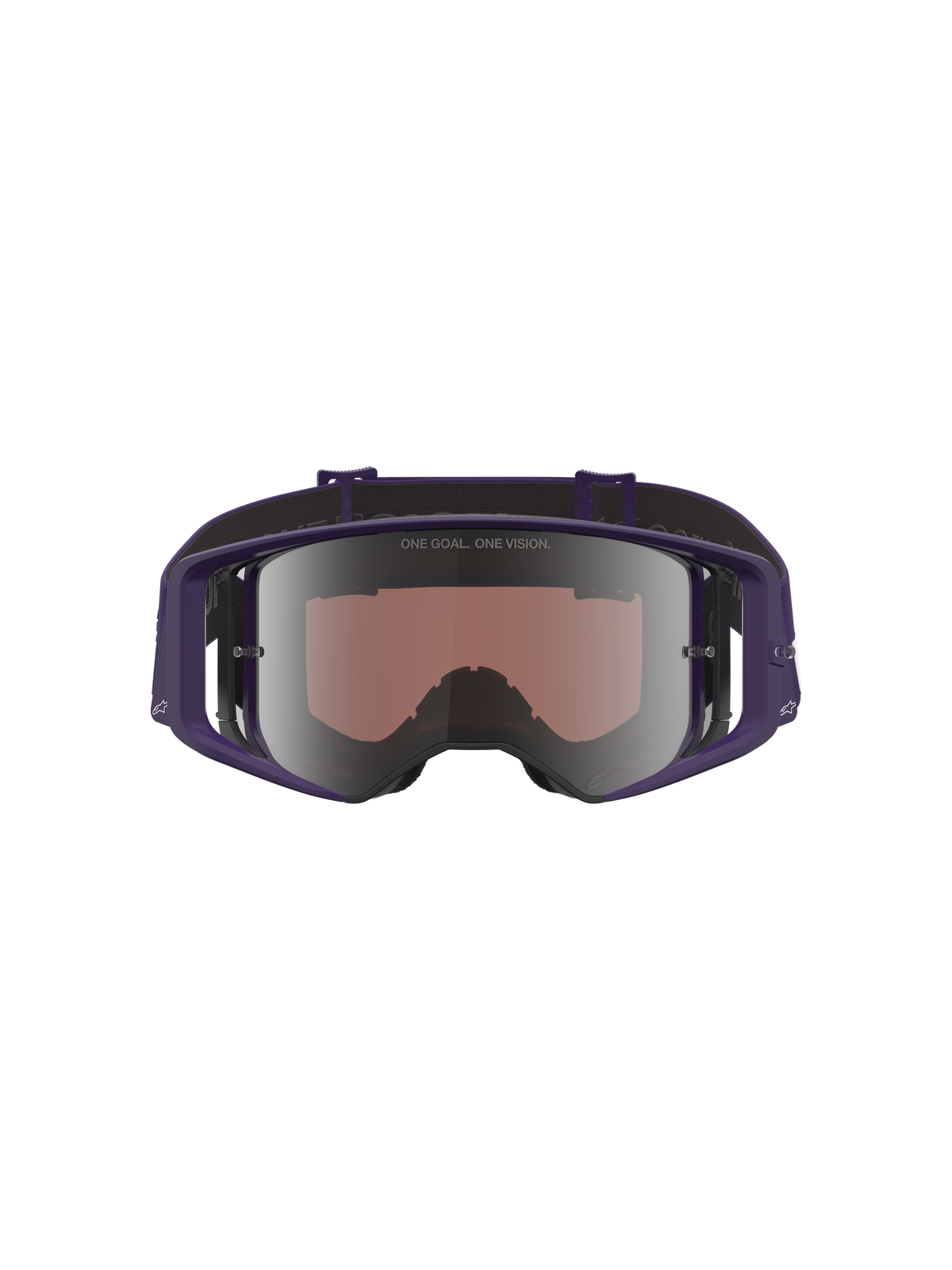 Alpinestars Limited Edition HUNTA96 XXV Supertech Vision Goggles, Motocross Goggles, Purple and White with Silver Mirror Lens, front-facing view showing reflective lens with 'ONE GOAL. ONE VISION.' text, wide peripheral frame design for off-road racing