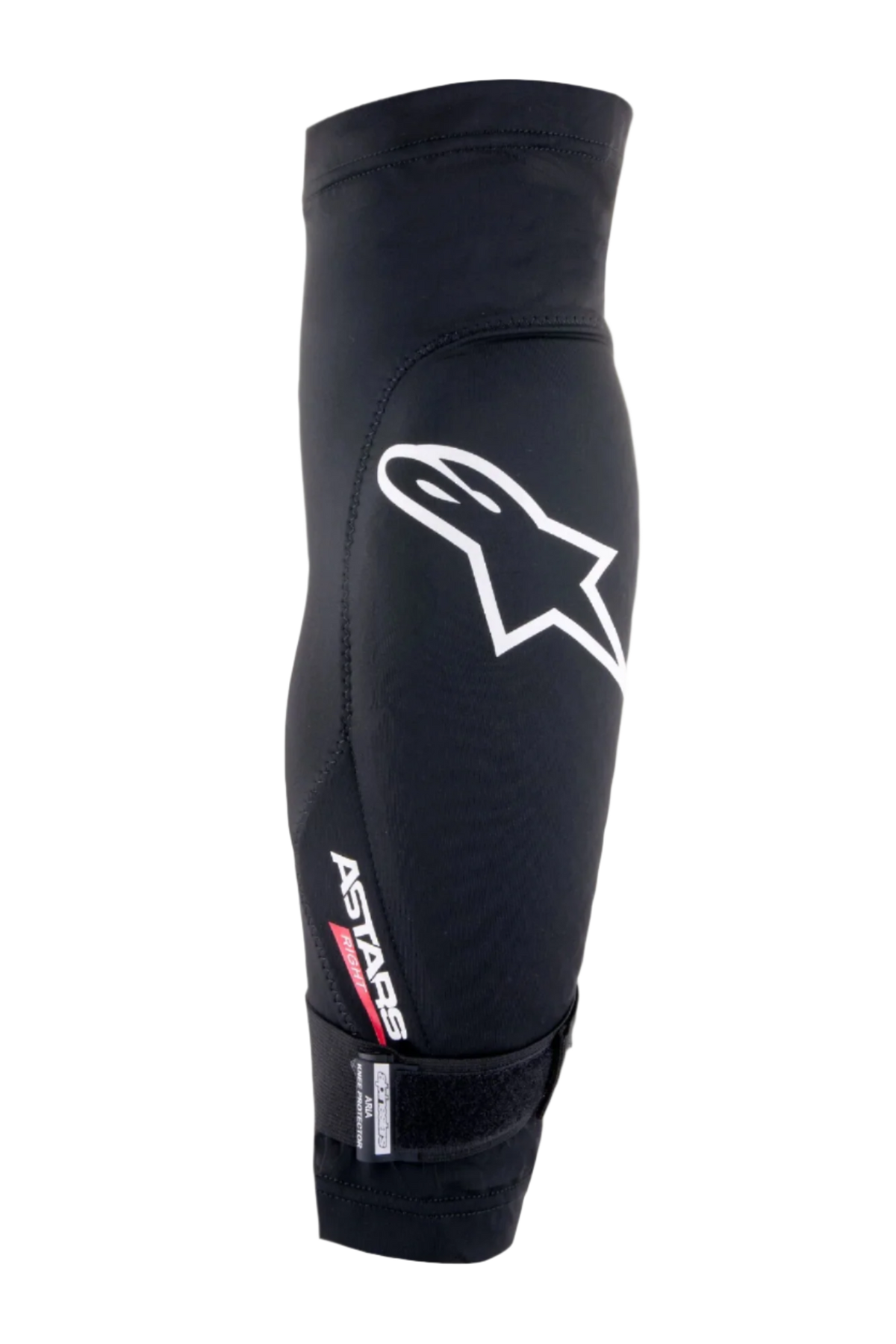 Alpinestars Aria Knee Protector, Black and White, breathable mesh sleeve featuring a large white Astars logo, 'ASTARS RIGHT' text, and an adjustable bottom strap, lightweight mountain bike and cycling protection