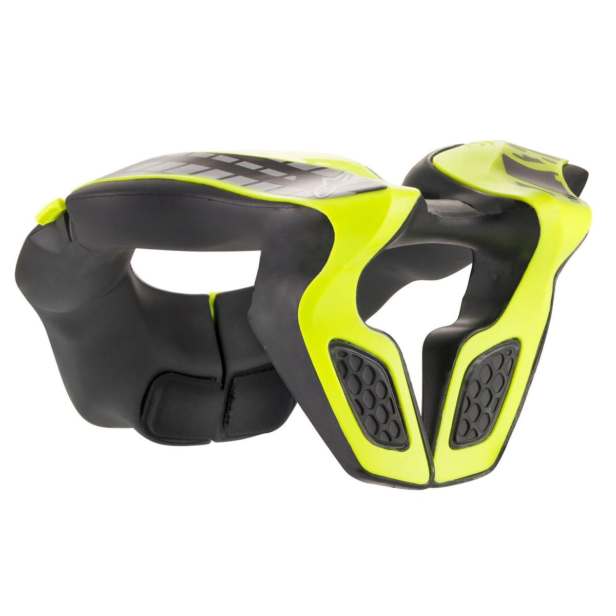 Alpinestars Youth Neck Support, Motocross Neck Protector, Black and Yellow Fluo, featuring a bright yellow injected polymer frame with black EVA foam padding, ergonomic curved design for youth riders, off-road and motocross safety gear