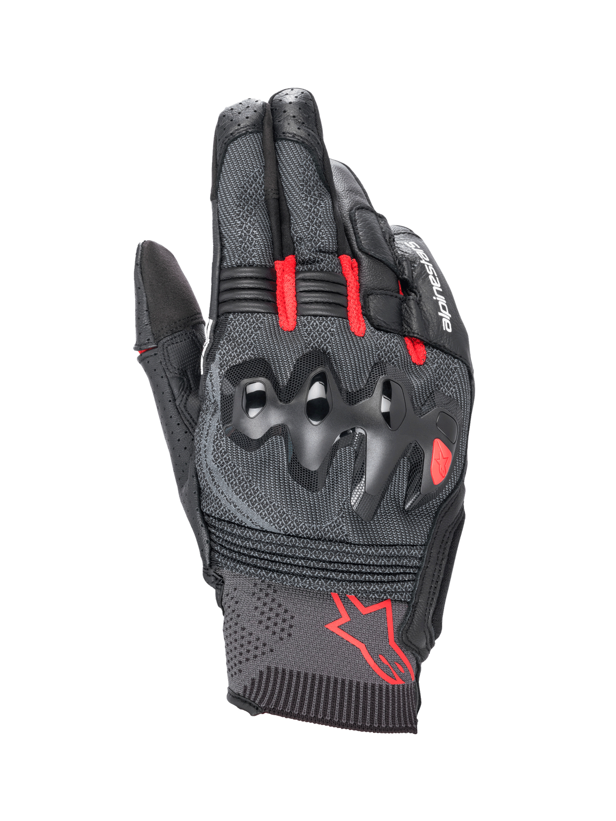 Alpinestars Morph Sport Gloves, Motorcycle Racing and Sport Gloves, Black and Bright Red, featuring MorphTech Weave™ backhand and over-injected knuckle protection, short cuff design with red Alpinestars logo.