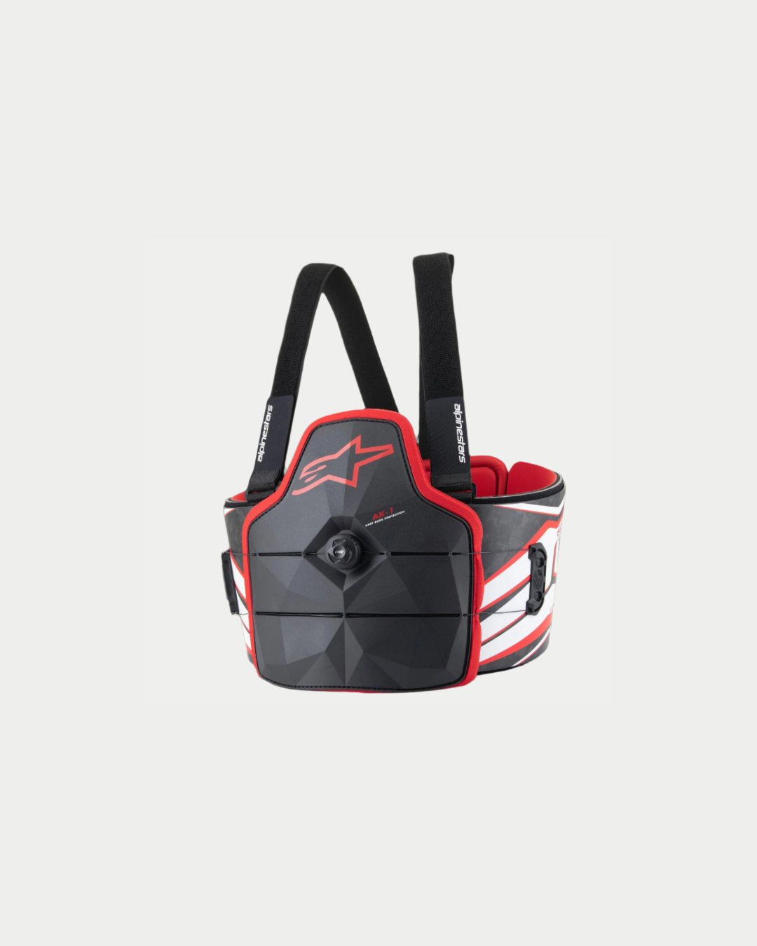 Alpinestars AK-1 Kart Body Protector, Karting Body Protection, Black White and Red, featuring a structured chest plate with a central speed-lace closure dial, red Alpinestars logo, and adjustable black shoulder straps, ergonomically designed for kart racing