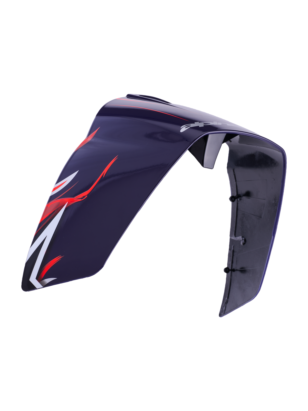 Alpinestars Supertech R10 Flyte Race Spoiler, Helmet Accessory, Purple Red Glossy, featuring red and white aerodynamic graphics and Alpinestars branding, sleek glossy plastic construction with visible mounting points on the interior, replacement part for racing helmets.