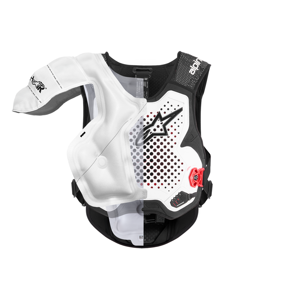 Alpinestars Tech-Air® MX System, autonomous off-road airbag, cutaway view highlighting the internal white inflatable bladder and protective vest, black and white chassis with red accents, providing coverage for shoulders and chest.