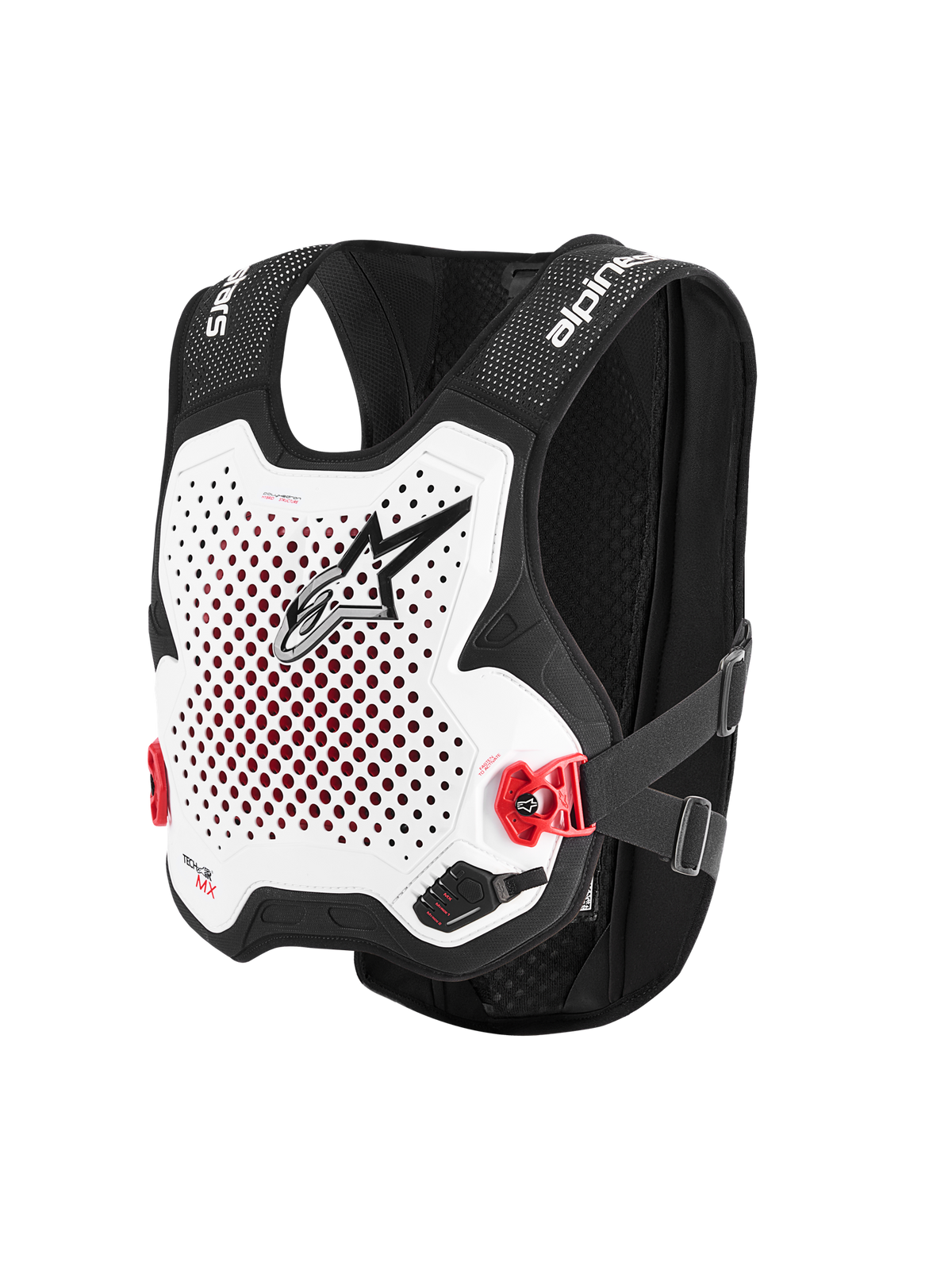 Alpinestars Tech-Air® MX System, autonomous off-road airbag vest, white and black with perforated chest plate, red side buckles, and advanced motocross protection