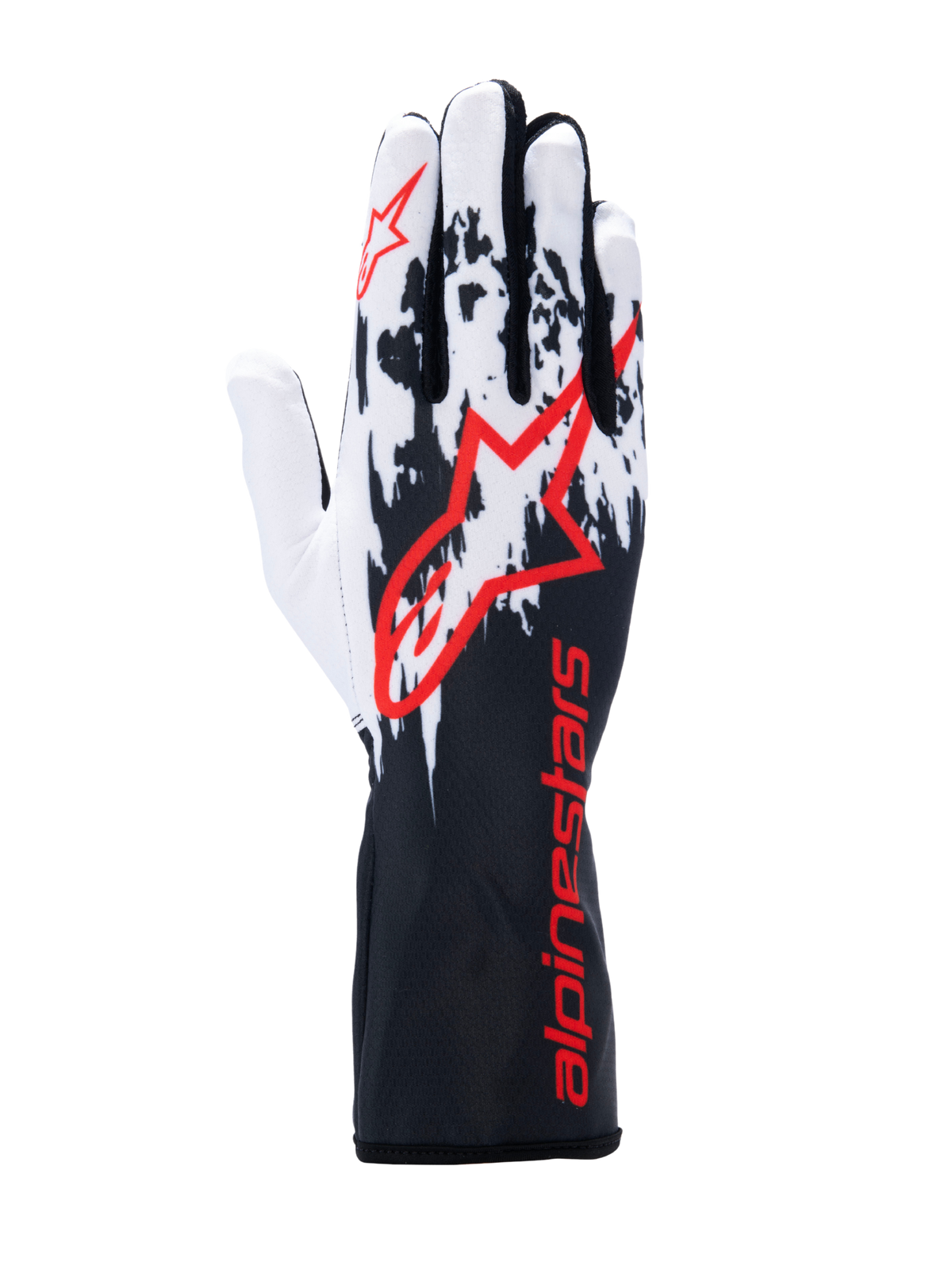 Alpinestars Tech-1 K V3 Gloves, Karting Gloves, Black White Red, featuring a white and black splattered graphic design on the back, large red Alpinestars logo, red branding on the long gauntlet cuff, professional motorsport gear.