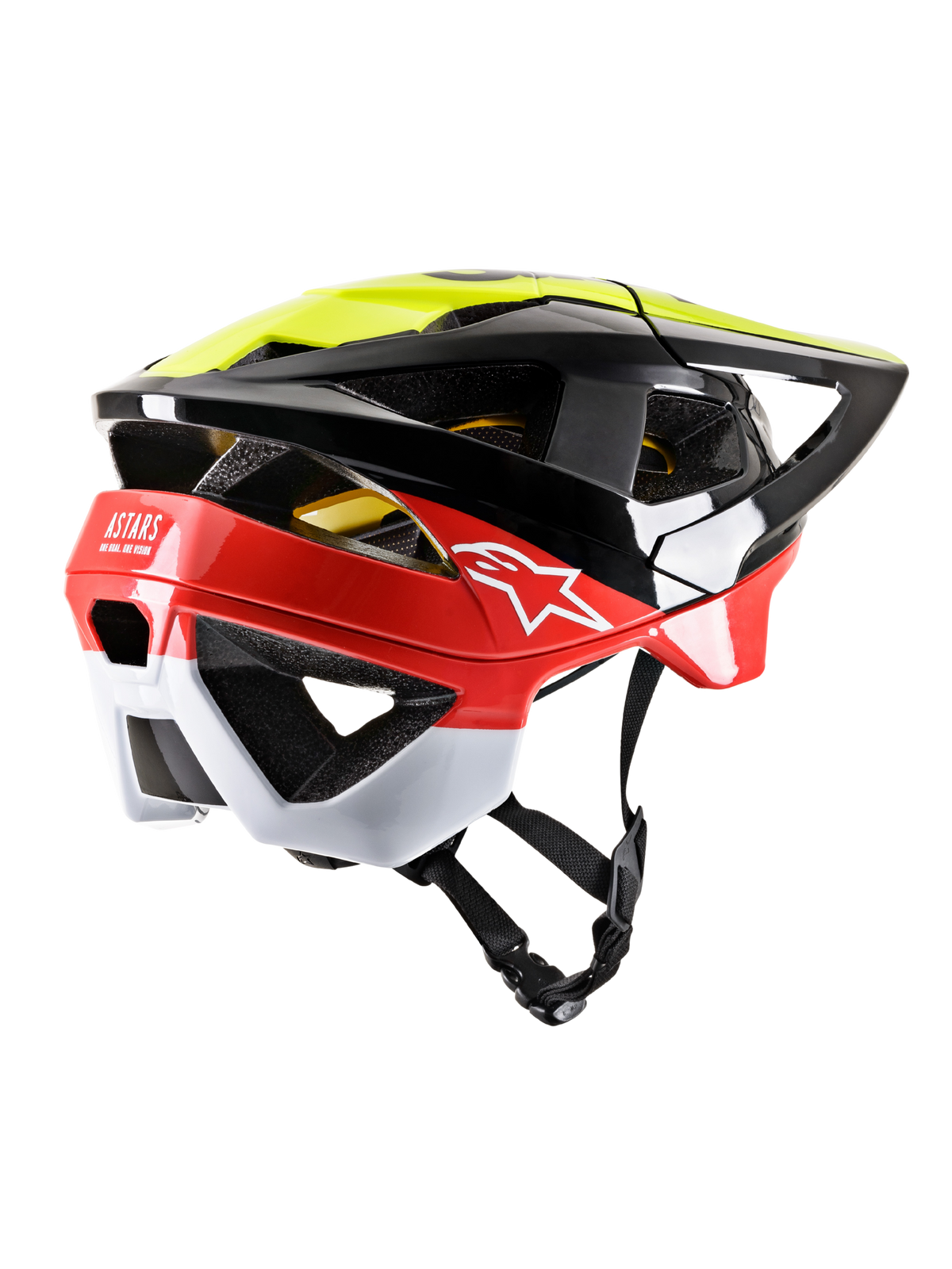 Alpinestars Vector Tech Pilot MTB Helmet, Black, Yellow Fluo, and Red Glossy with White accents, rear three-quarter view showcasing large ventilation openings, extended nape coverage, white Astars logo, and adjustable chin strap, high-performance mountain bike head protection