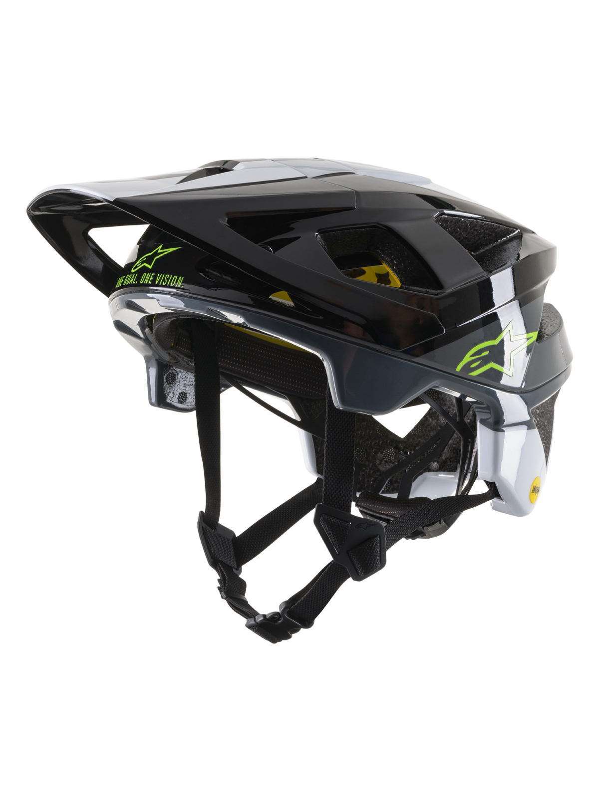 Alpinestars Vector Tech Pilot Helmet CE, MTB Cycling Helmet, Black White and Cool Gray Glossy, featuring lime green Alpinestars logo and 'One Goal. One Vision.' text, multiple ventilation ports, and an adjustable visor.