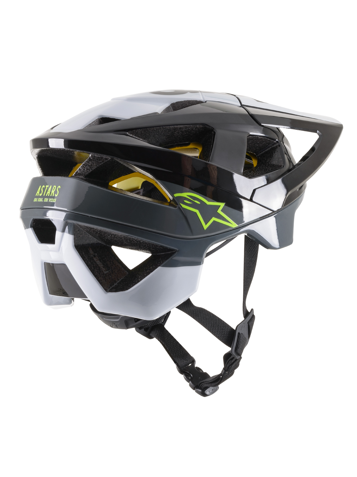Alpinestars Vector Tech Pilot Helmet CE, MTB Cycling Helmet, Black White and Cool Gray Glossy, rear three-quarter view featuring lime green star and ASTARS logos, 19 ventilation openings, aerodynamic design with adjustable visor and chin strap