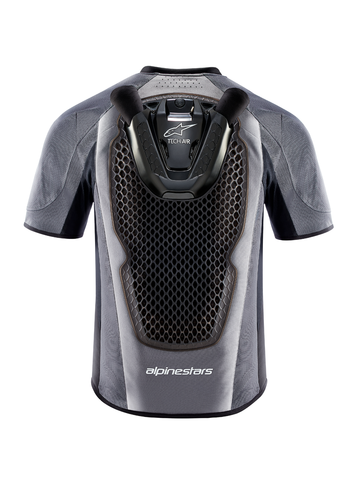 Tech-Air 5 System motorcycle airbag vest, rear view in gray and black with integrated honeycomb back protector.