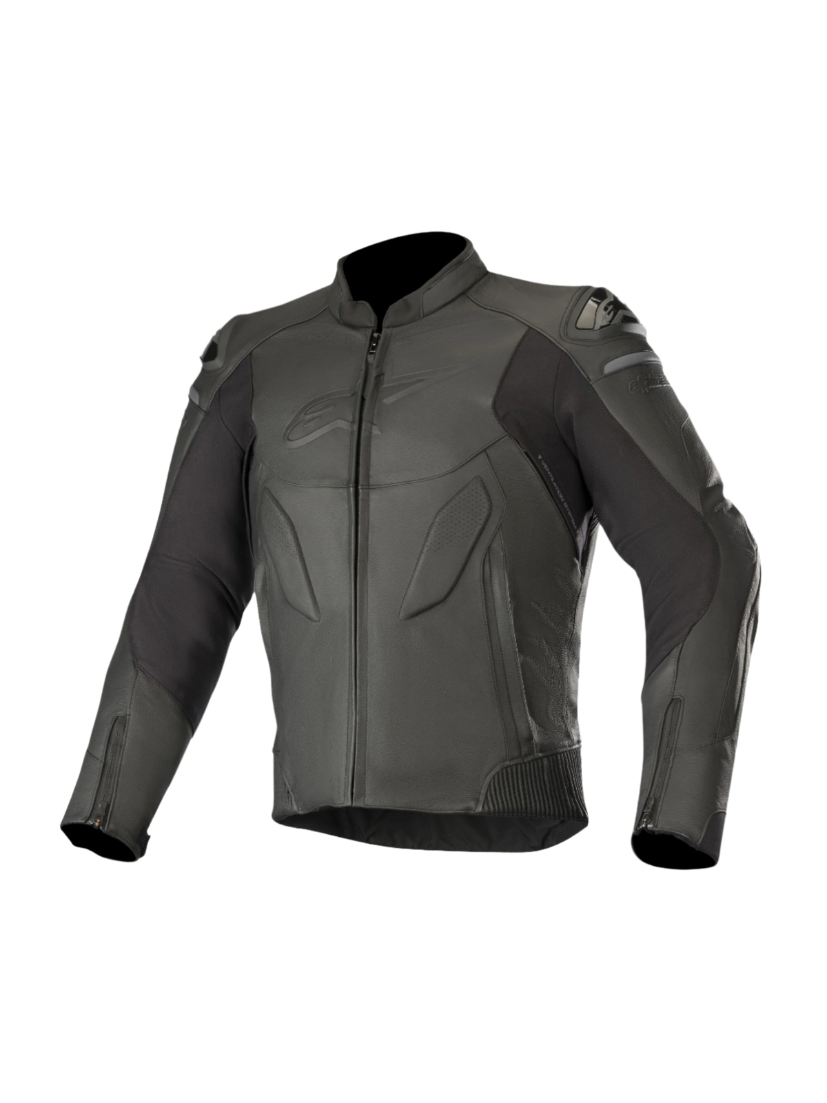 Alpinestars Caliber Leather Jacket, Black, motorcycle road gear, featuring premium leather construction with perforated panels, external DFS shoulder sliders, zippered front and cuffs, and subtle embossed chest logo