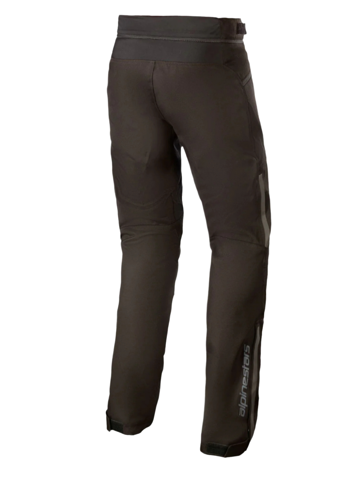 Alpinestars AST-1 V2 Waterproof Pants Long, Black textile motorcycle pants, rear view showing reflective detailing and vertical branding on the lower leg, durable all-weather riding gear